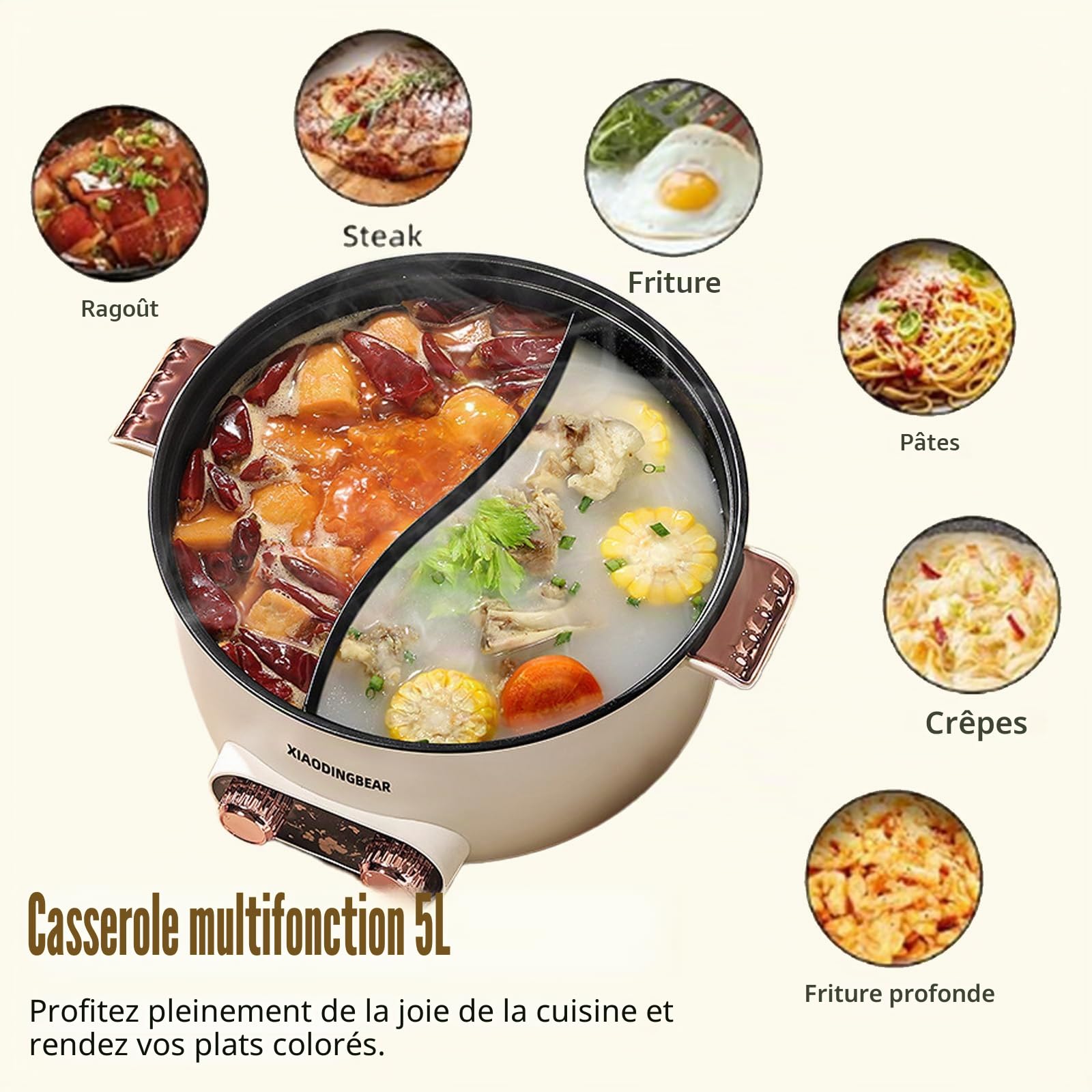 Casserole électrique 5L Kensbro - Chauffage rapide 1350W, Double bouton rotatif, Revêtement antiadhésif, 3 niveaux de température - Idéale pour soupe, steak et nouilles