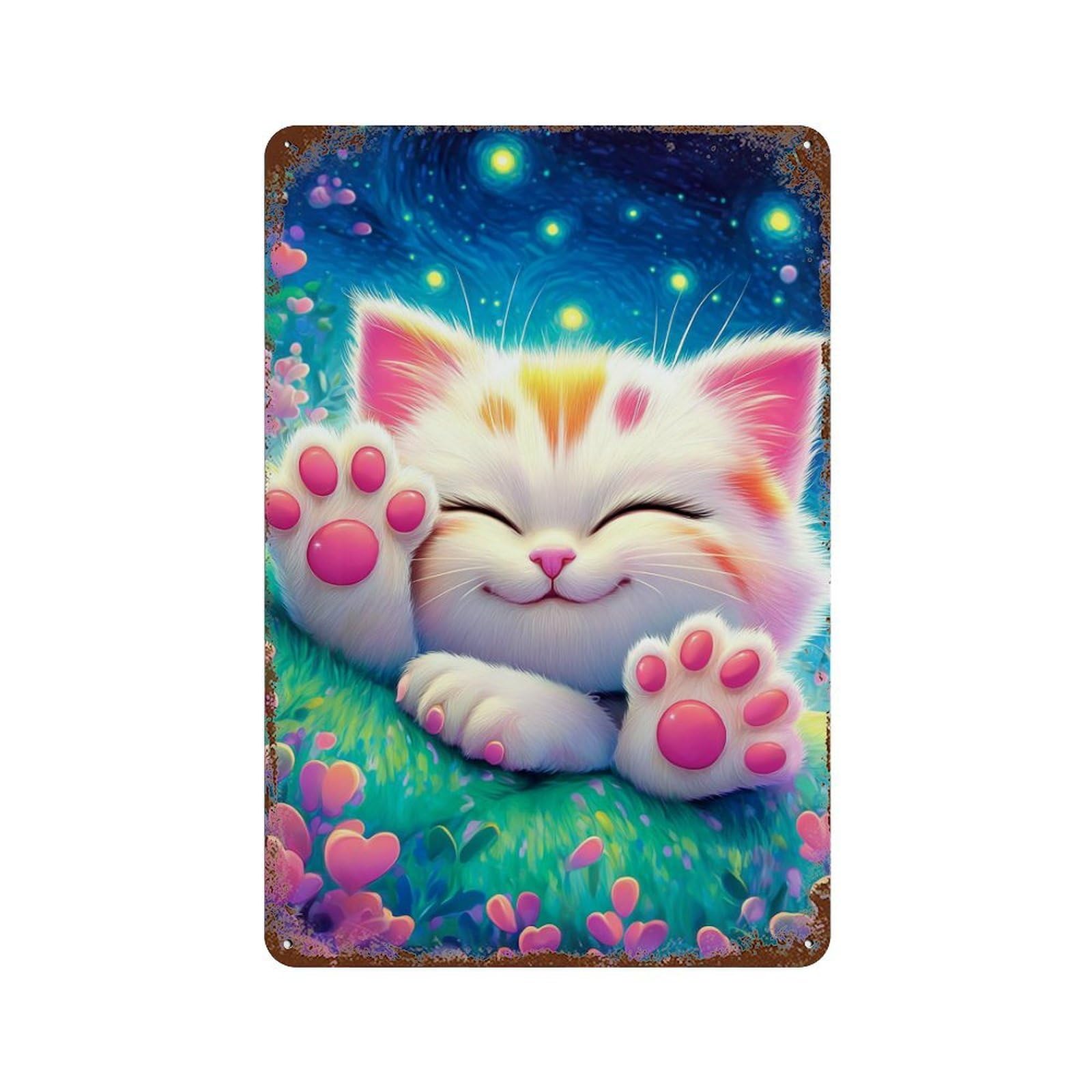 Rust Effect Magical Kitten Dreamscape Rustic Tin Plaque 11.8"x7.9", Shabby Chic Decor for Basement, Hobby Room And Garage Decor
