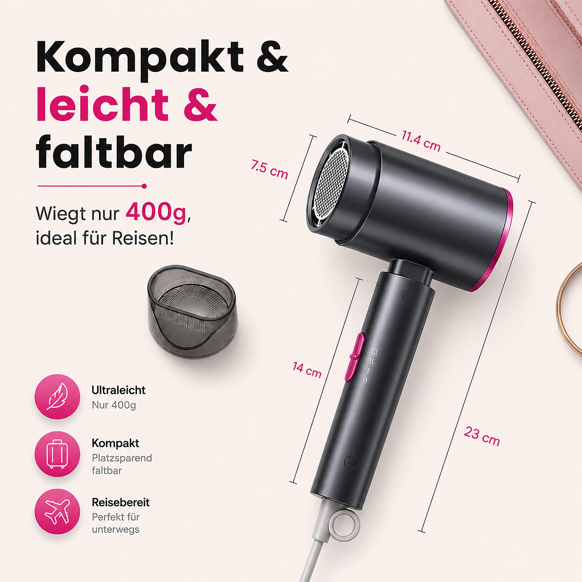 AIUNAOM Föhn Reisefön Klappbar,2000W Schnelltrocknender Haartrockner, Professionelle Reisefön mit Heiß- und Kalttasten,Klappbar Haartrockner für Zuhause und Salon