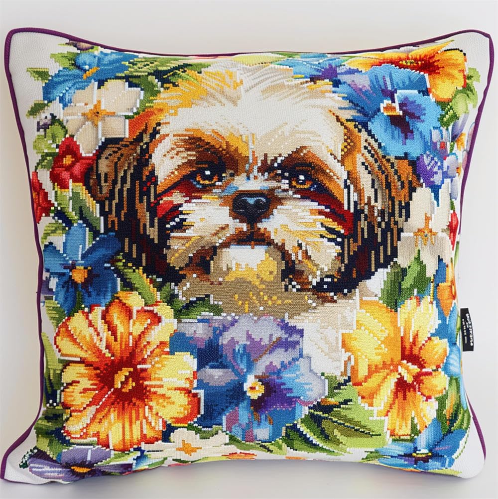 kitphoenix DIY Latch Hook Kit Shih Tzu and Flowers 3D Pillow Materials Package Embroidery Kits Cross Stitch Sofa Cushion Cover with Hook Tool Fit for Kids and Adults 17X17Inch