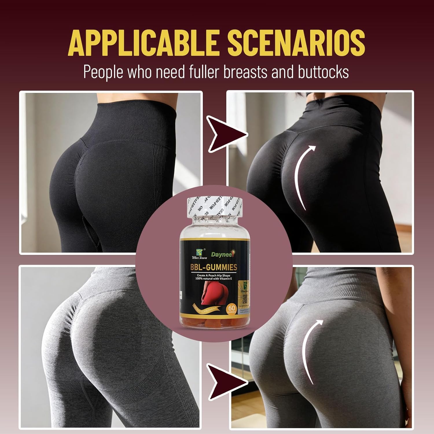 BBL Gummies with Vitamin E, Buttock Lift Supplments, Create A Peach Hip Shape, 60 Count