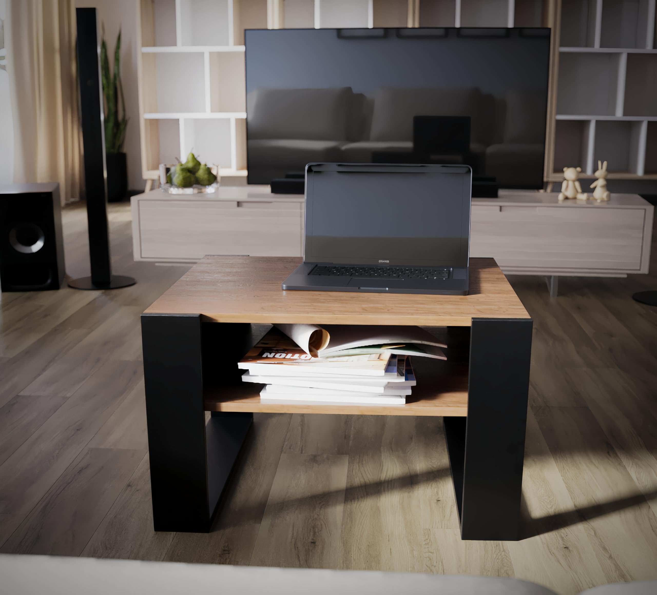 defiPad Wohnzimmertisch für Couch | Klein Couchtisch Schwarz Eiche mit Stauraum | Modern Tisch Wohnzimmer | Coffee Table | Kleiner Tisch | 65CM Breite Kaffeetisch | Stabil Stubentisch