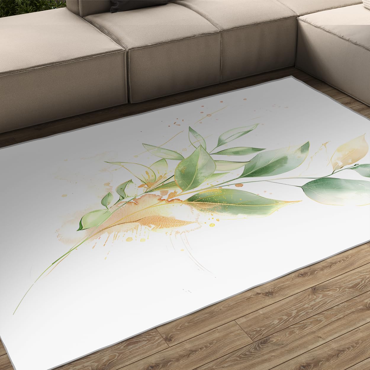 Tapis de salon en eucalyptus imprimé botanique vert et or pour salle à manger