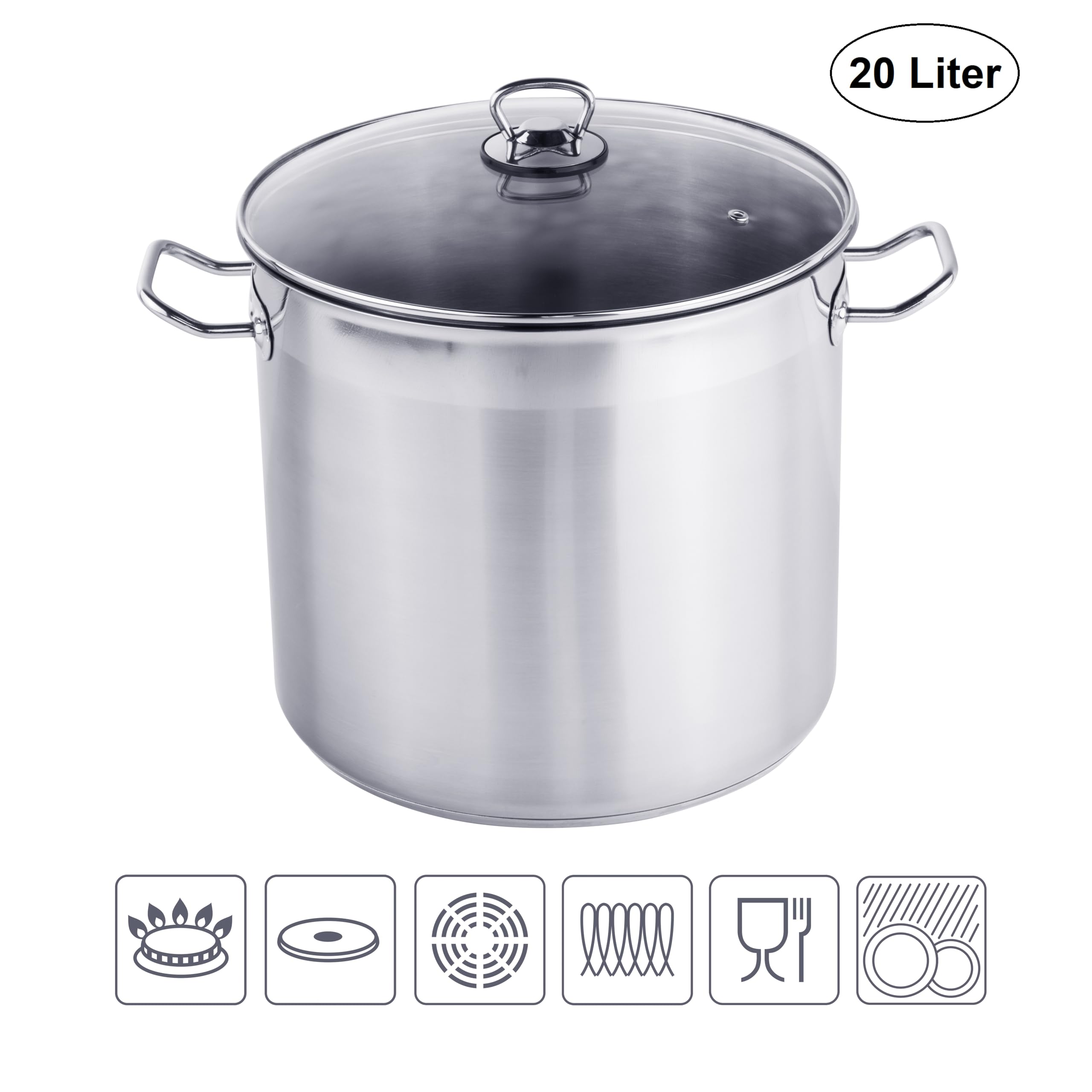 Olla universal XXL profesional, cacerola jumbo Ø 30 x 28 cm, 20 litros, aprox. 3,5 kg, plateada, para todo tipo de fuegos, incluso inducción, incluye tapa de cristal