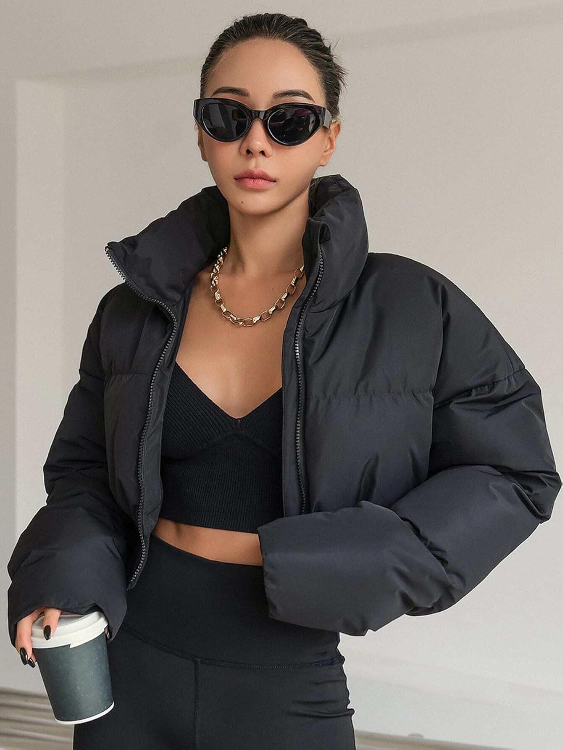 Women's Trench Coat Drop Shoulder Zipper Puffer Thick Pockets Coat Long Sleeve Classic Overcoat