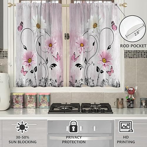 Miniatura 9 de AAtter Cortina de ventana con diseño floral morado, lavanda, lila, flores rústicas, mariposas blancas, margaritas blancas, hojas negras abstractas,