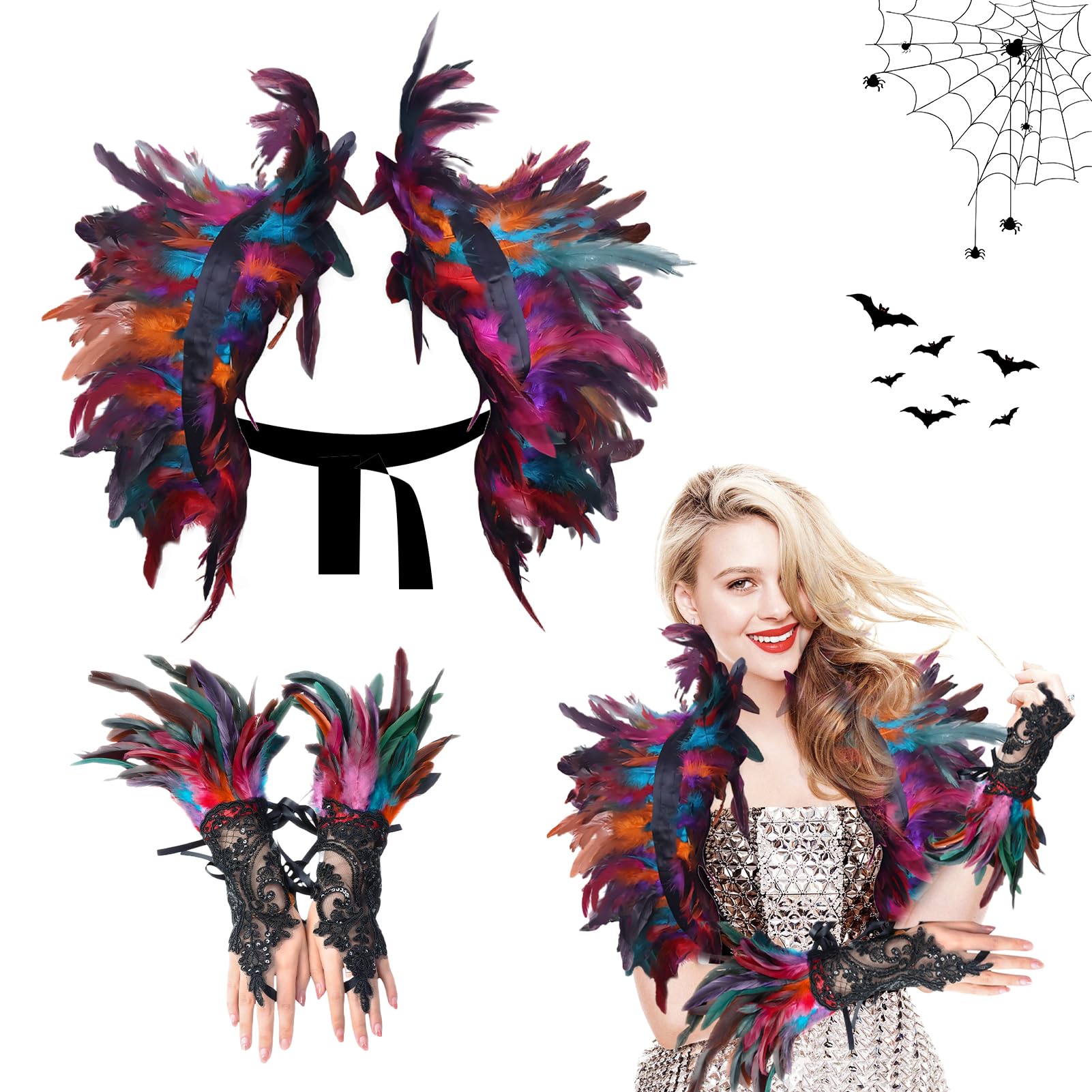 Allony Feather Cape, Collar, and Shawl With Wrist Cuffs - Gothic Lacing Shrug Cloak for Women - Halloween Cosplay Christmas Party