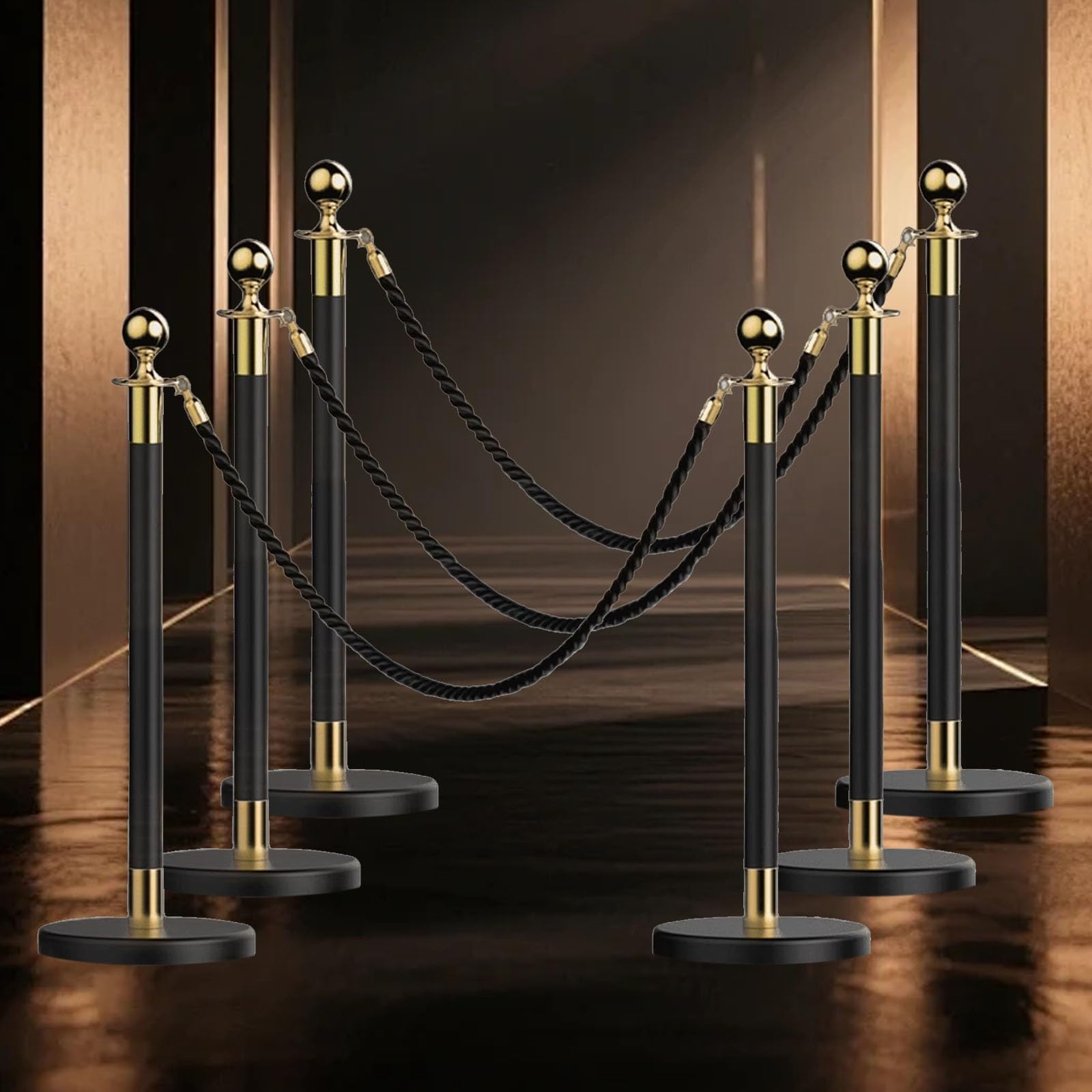 Aioneer 6 Pack Stainless Steel Stanchions With Rope, Crowd Control Barriers For Events, Parties, Weddings, Theaters, Museums, And Exhibitions-Black-6pcs