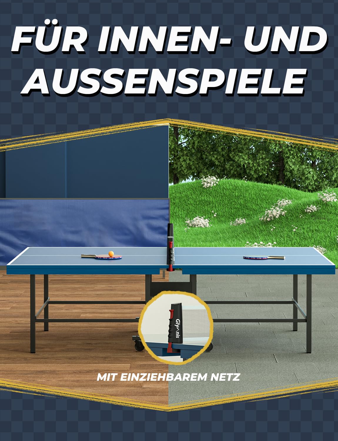 Glymnis Tischtennis-Set Tragbares Ping Pong Bälle Set für Indoor Outdoor Spiel Tischtennis-Training mit einziehbarem Netz, Paddel, 3-Sterne-Bälle & Aufbewahrungstasche