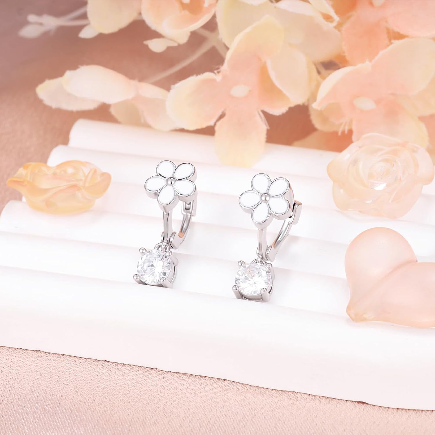 Sterling Silver Daisy Hoop Earrings for Women Sparkling Cubic Zirconia Hypoallergenic Square CZ Flower Loop Dangling Earring Gifts for Her Teens Daughter Granddaughter - Image 2