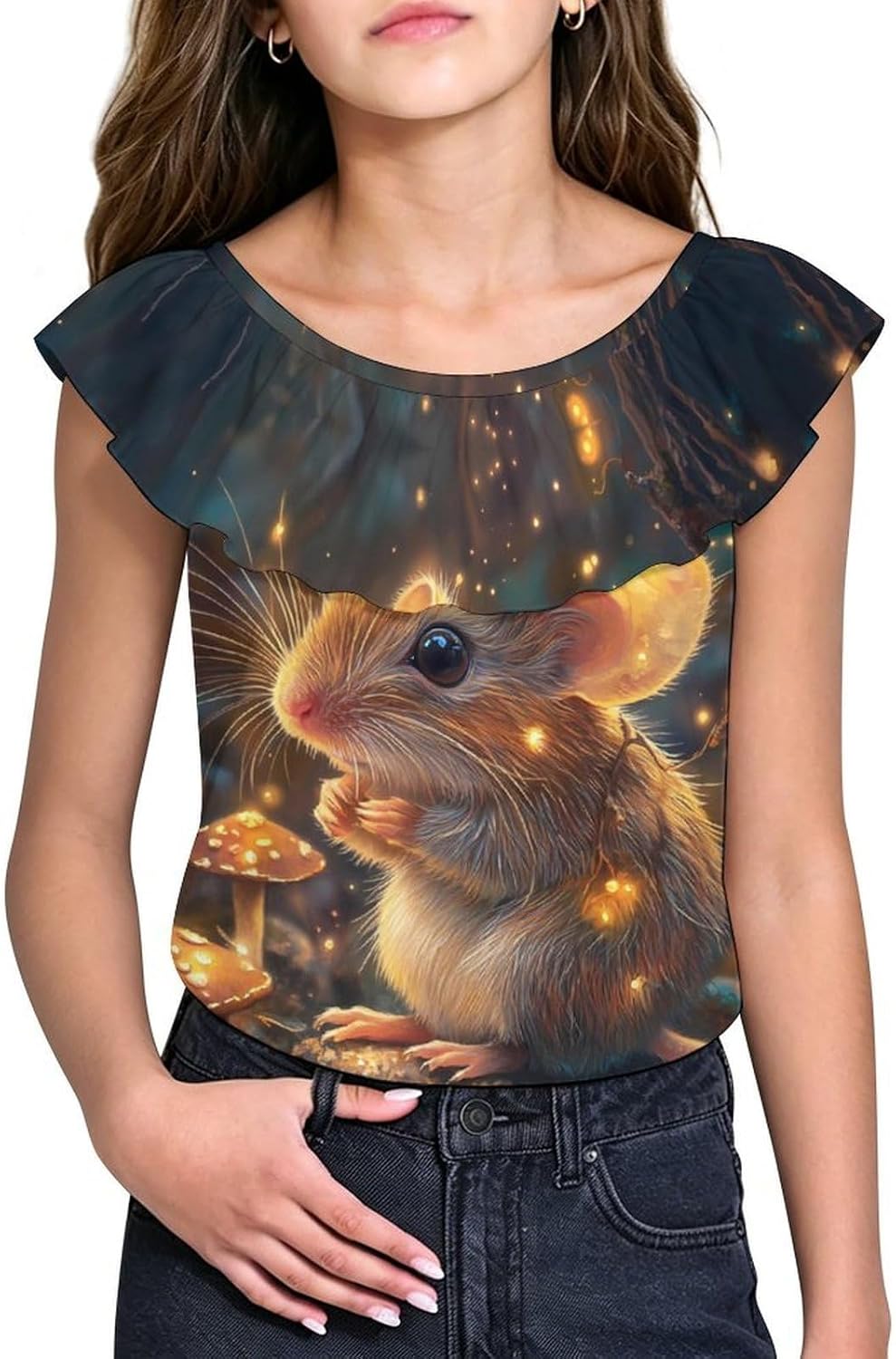 Little Mouse in The Forests Girls T-Shirts Top Ruffle Short Sleeve Blouse Casual Graphic Tees