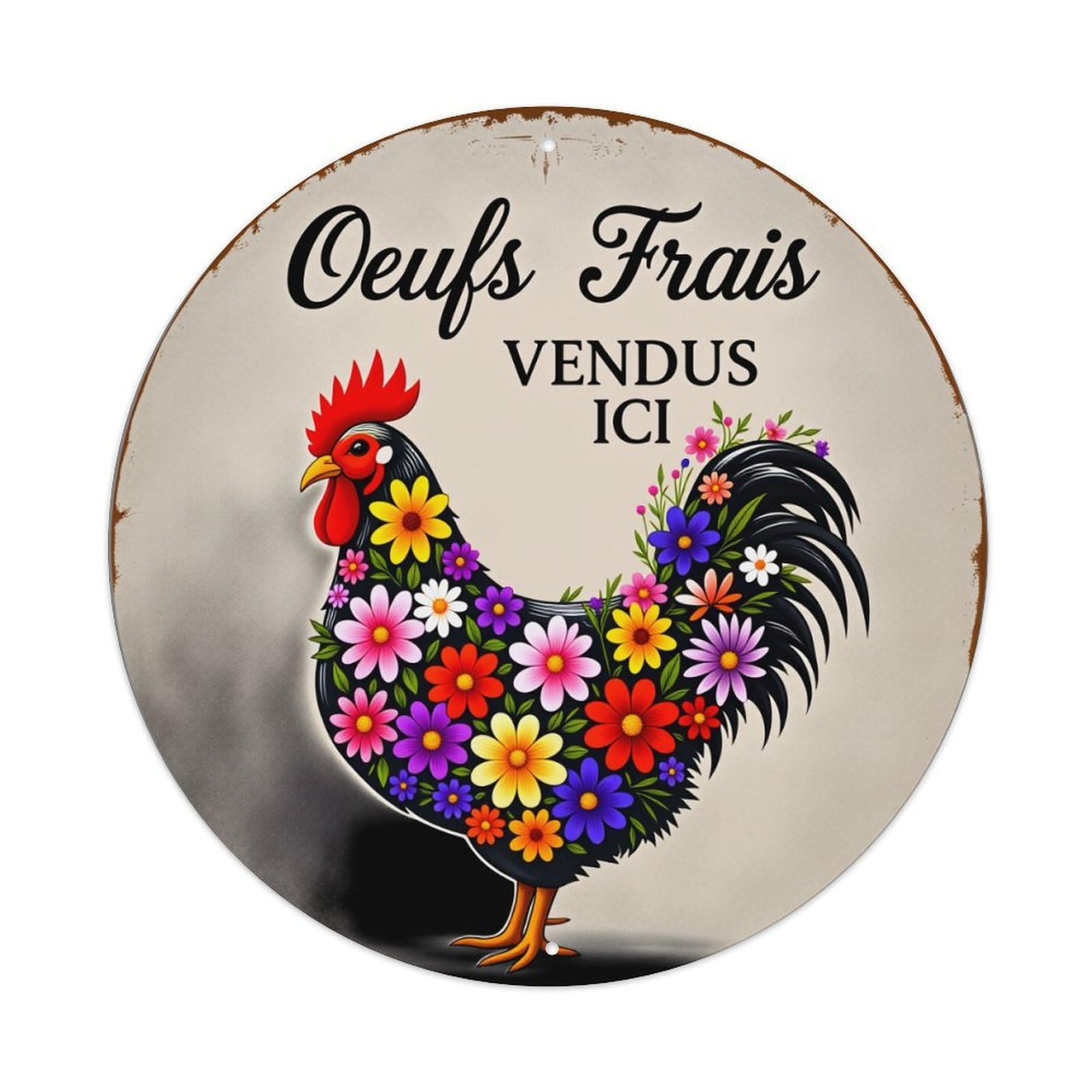 Floral Chicken Sign Pattern Art Round Tin Sign Vintage Style Metal Sign Home Bar Garden Wall Plaque Decor Metal Poster 8x8 Inch