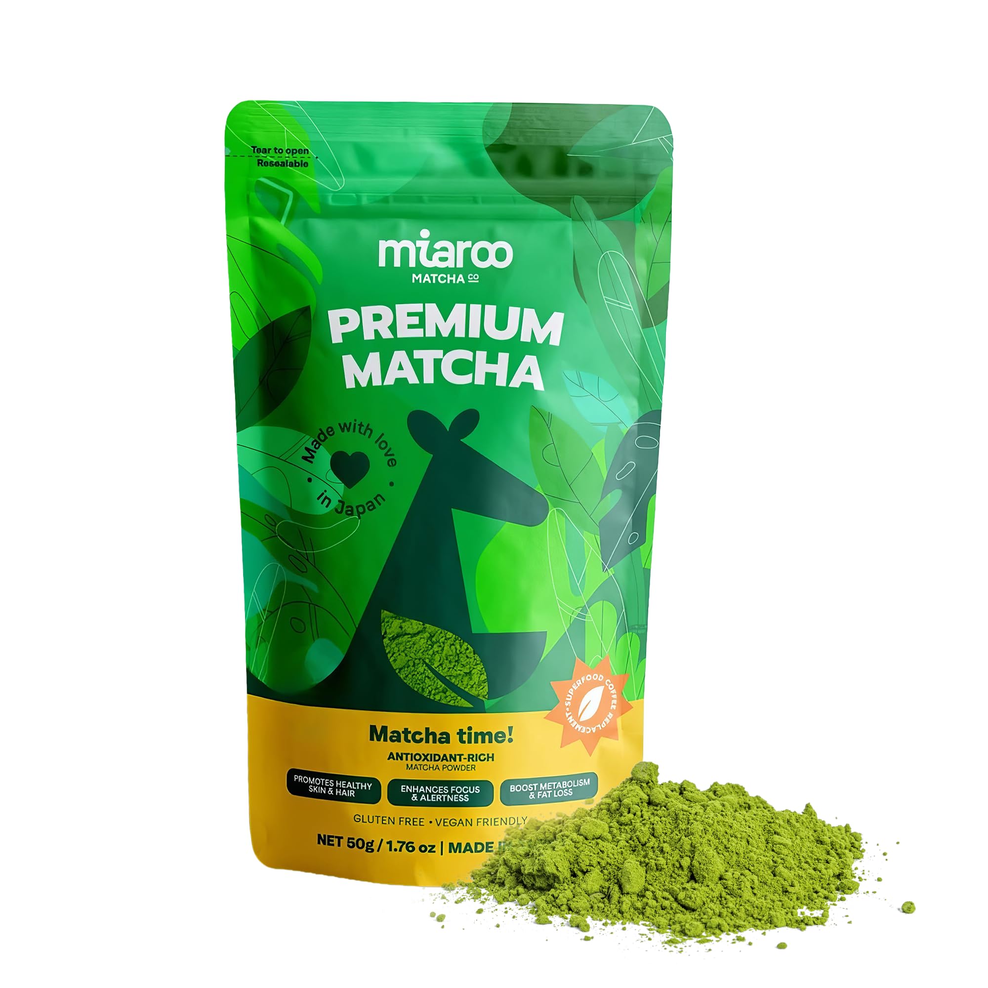 Miaroo Japanese Ceremonial Grade Matcha Green Tea Powder - Coffee Replacement for Energy, Calm Focus & No Jitters or Crash | Perfect for Lattes, Smoothies, Detox & baking, 50g Matcha (25 Servings, 70mg Caffeine)