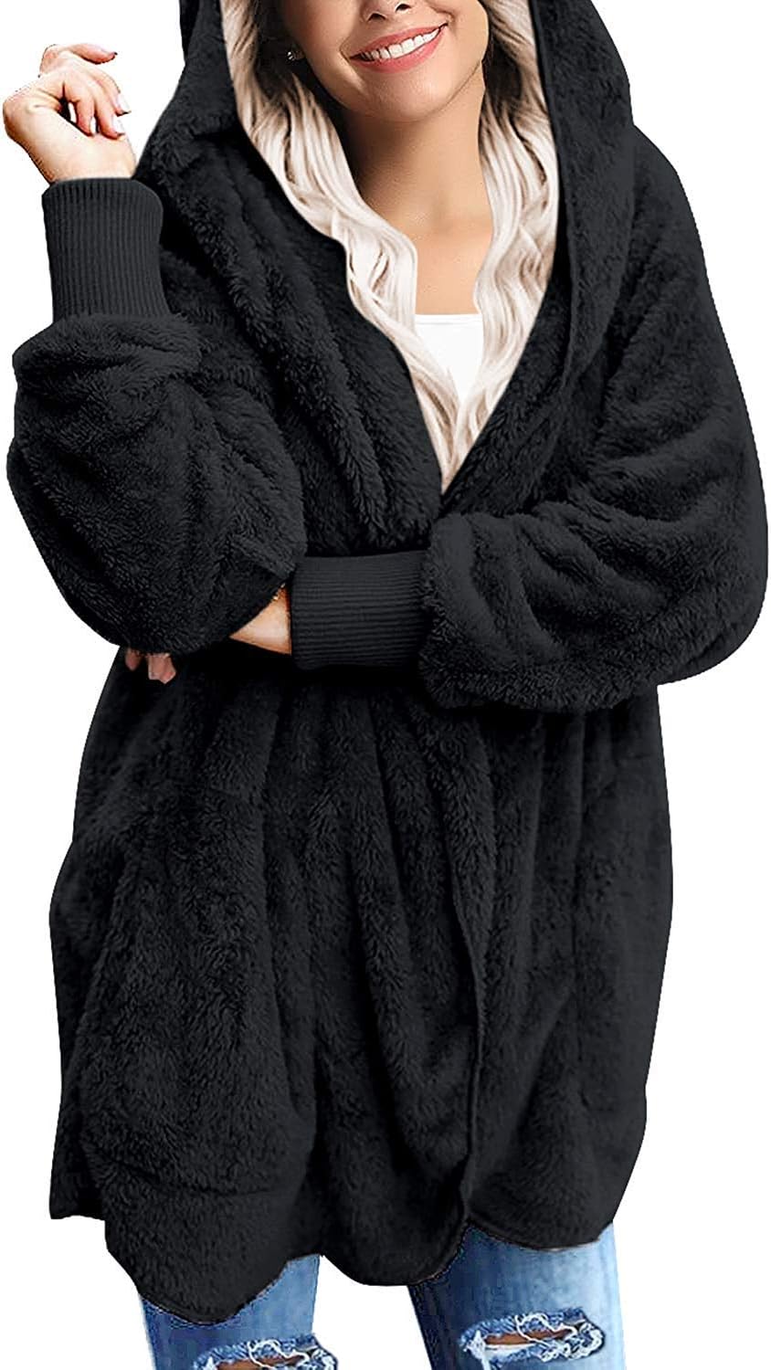 Yanekop Womens Oversized Sherpa Jacket Long Cardigan Sweaters Fuzzy Fleece Jacket Faux Fur Plus Size Coats with Pockets - Image 2