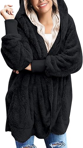 Miniatura 2 de Yanekop - Chaqueta de vellón mullido para mujer, cárdigan con capucha y parte delantera abierta, ropa de abrigo de sherpa, abrigos cálidos con