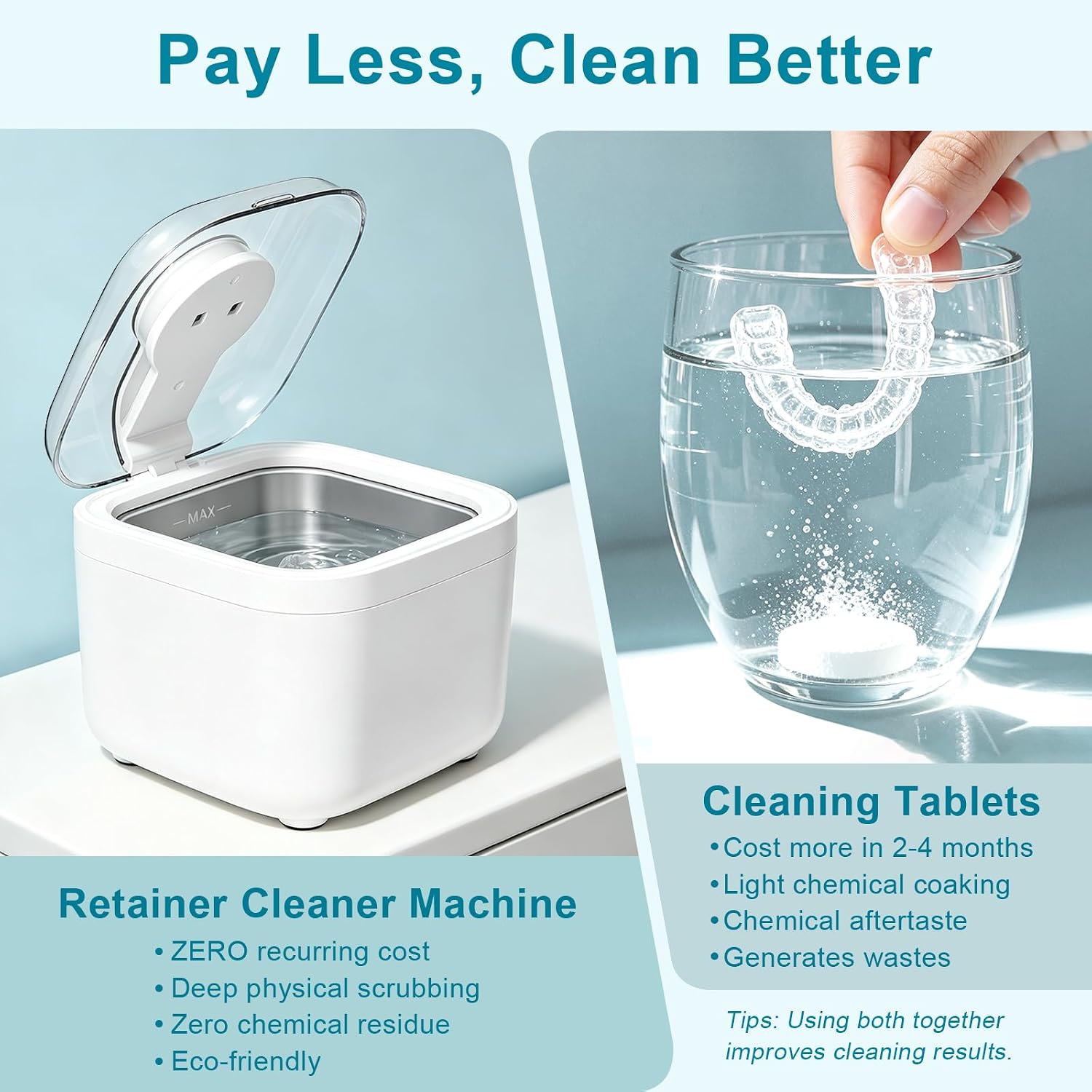 Ultrasonic Retainer Cleaner Machine for Dentures, 350ml Denture Cleaner with Wide Opening Tank for Clear Aligners, Mouth Guards & Dental Appliances, Removes Stains & Buildup, 5 Cleaning Modes