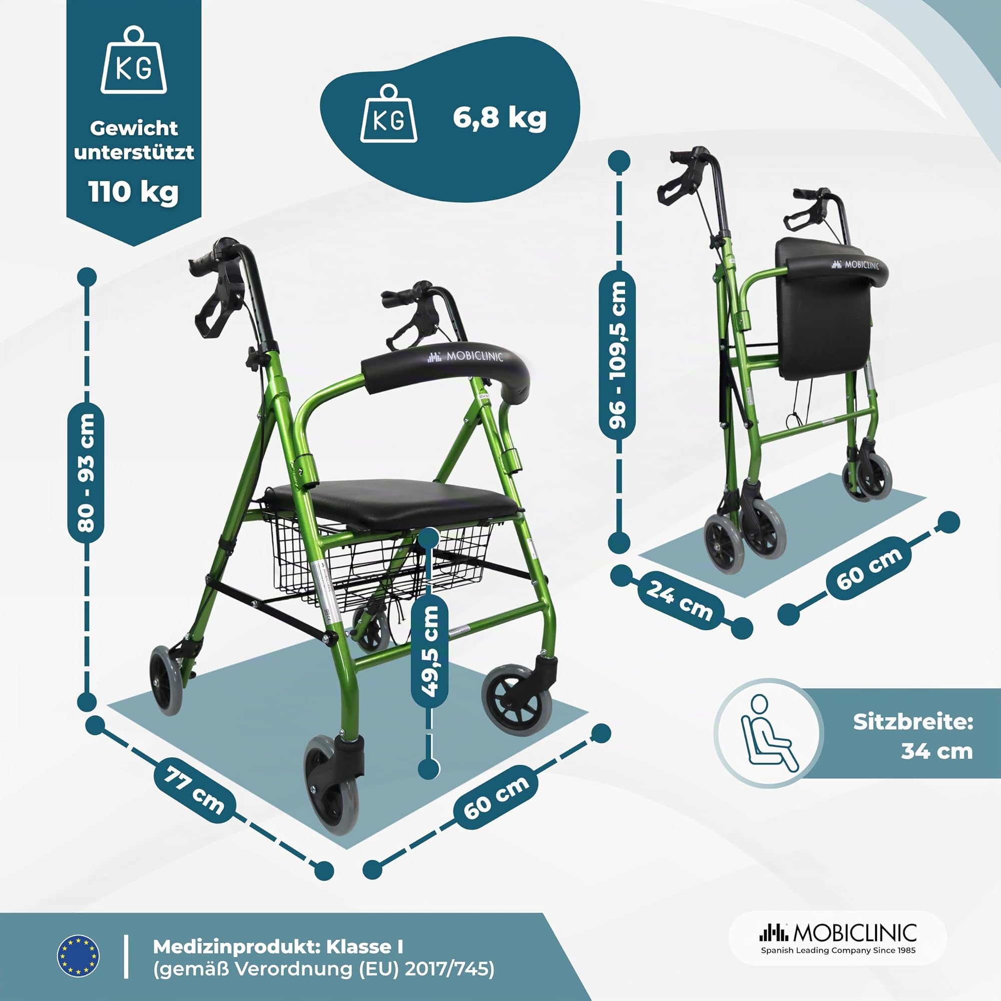 Mobiclinic, Rollator, Escorial, Europäische marke, Faltbar und leicht, Feststellbare handbremsen, Gehwagen für seniore, Aluminium, Mit sitzfläche rückenlehne, Korb, 4 räder, Grün