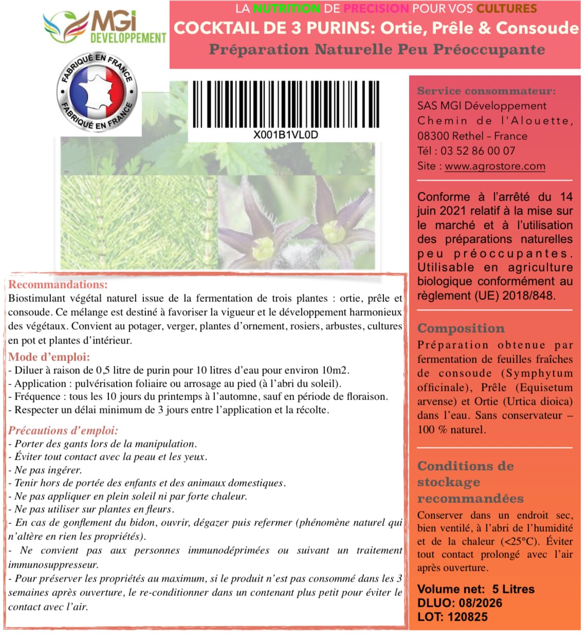 Cocktail de 3 Purins Ortie, Prêle, Consoude- Biostimulant 100% Naturel- Préparation Naturelle Peu Préoccupante- Potager, Verger, Plantes d'Ornement, Rosiers- France– 5L pour 100L prêt à l’emploi