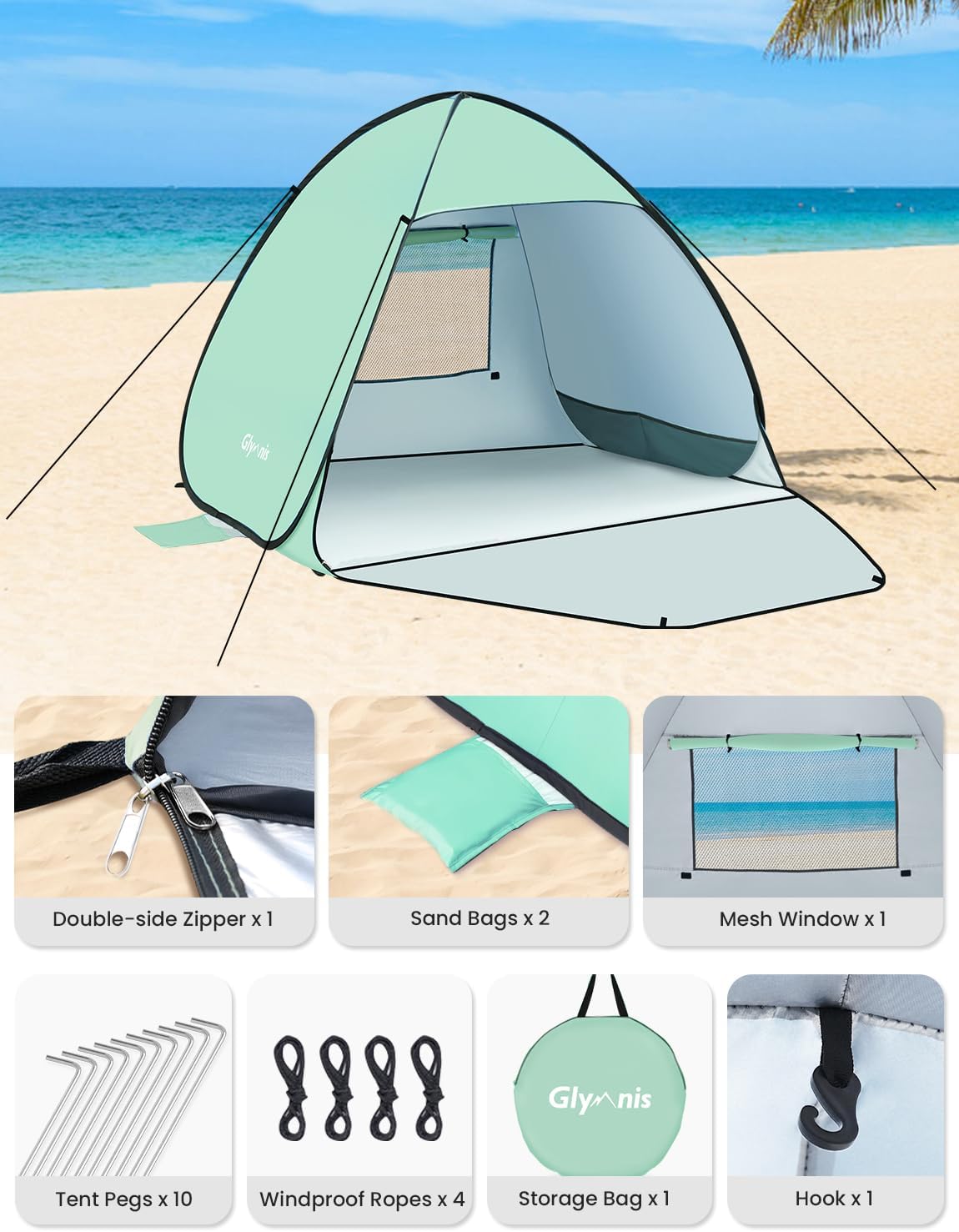 Glymnis Pop Up Beach Tent Beach Shade Tent for 1-4 Persons Sun Shelter UPF 50+ Enclose Zipper Door Portable Easy Up Beach Tent