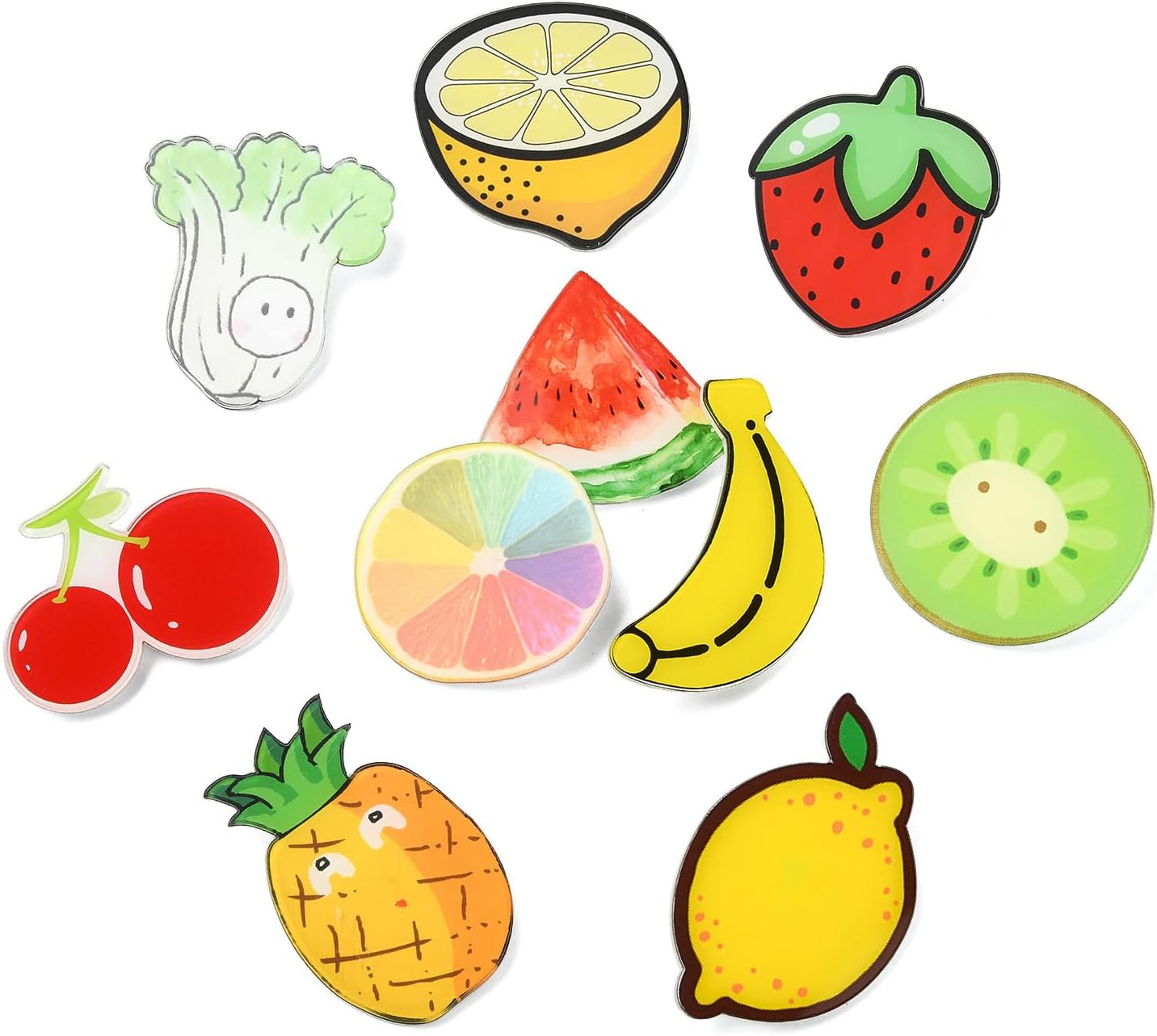 Ipotkitt 20 pcs 10 Styles Acrylic Fruits Pins Cute Cherry Strawberry Banana Lemon Brooches Button Badge for DIY Crafts Dress Clothes Backpacks Hats Jeans Ties Decor