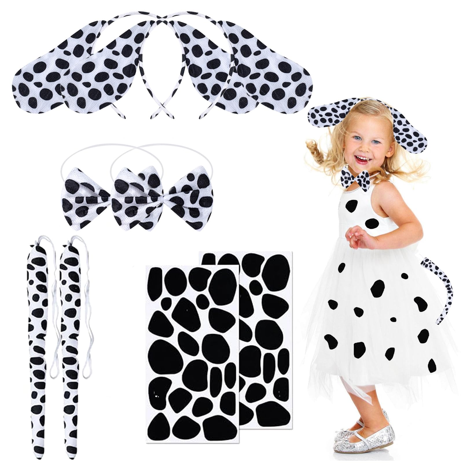 Gibocot 2 Sets Halloween Dalmatian Costume for Kids Adults Includes Spotted Dog Ears Headband Tutu Skirt Tail Bowtie Stickers Trick or treat Outfit for Cospaly Costume Accessories