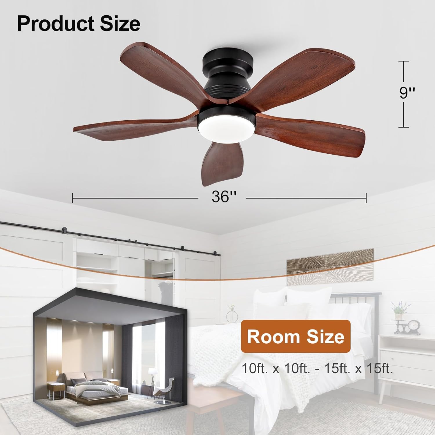 36 Inch Black Ceiling Fans with Lights and Remote,Low Profile Ceiling Fan with Light,Power-Off Memory,Dimmable,Wood Blades,Power-Off Memory,Flush Mount, Indoor Outdoor Modern Ceiling Fan for Bedroom