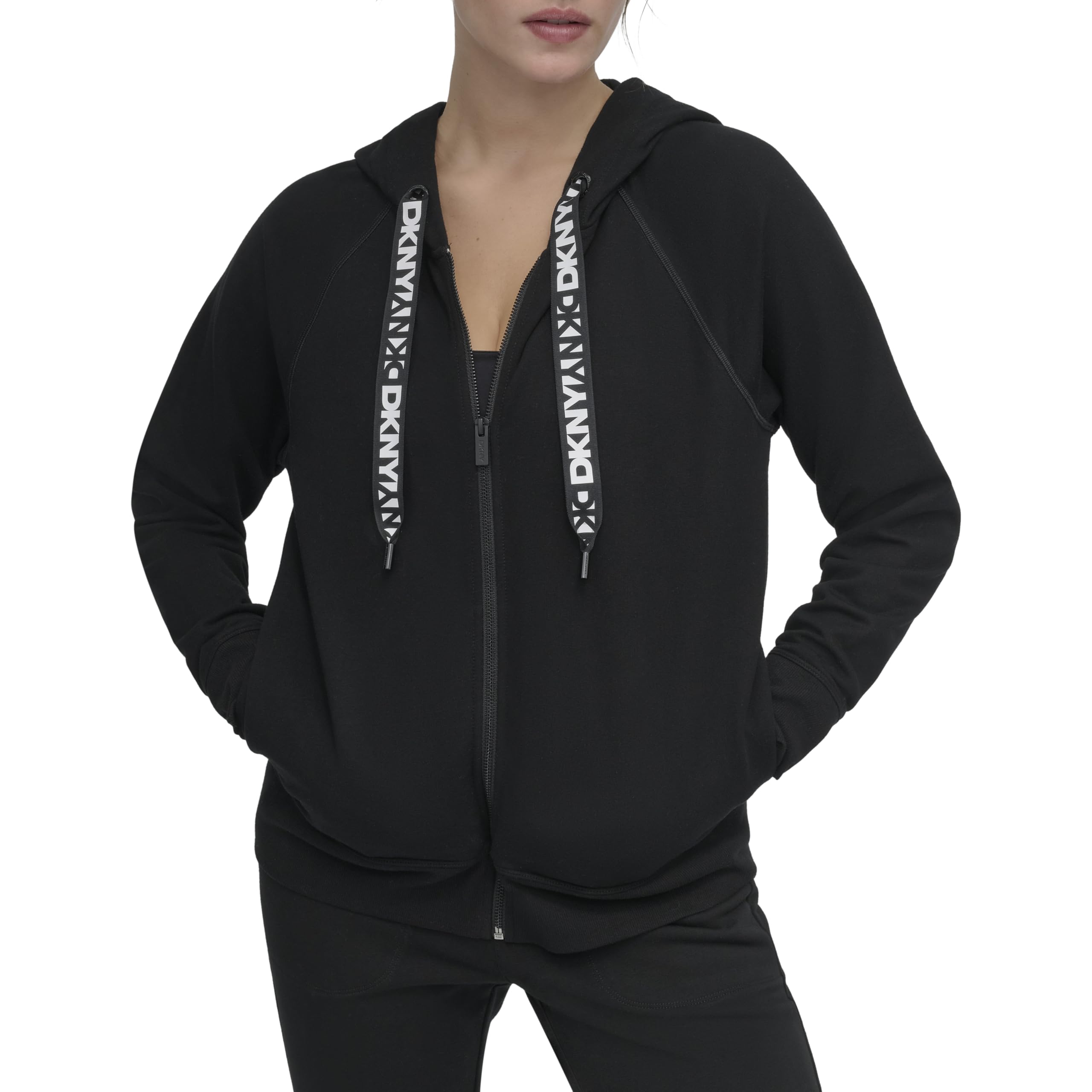 DKNY Logo Drawstring Full Zip Fleece Hoodie Sudadera con Capucha para Mujer
