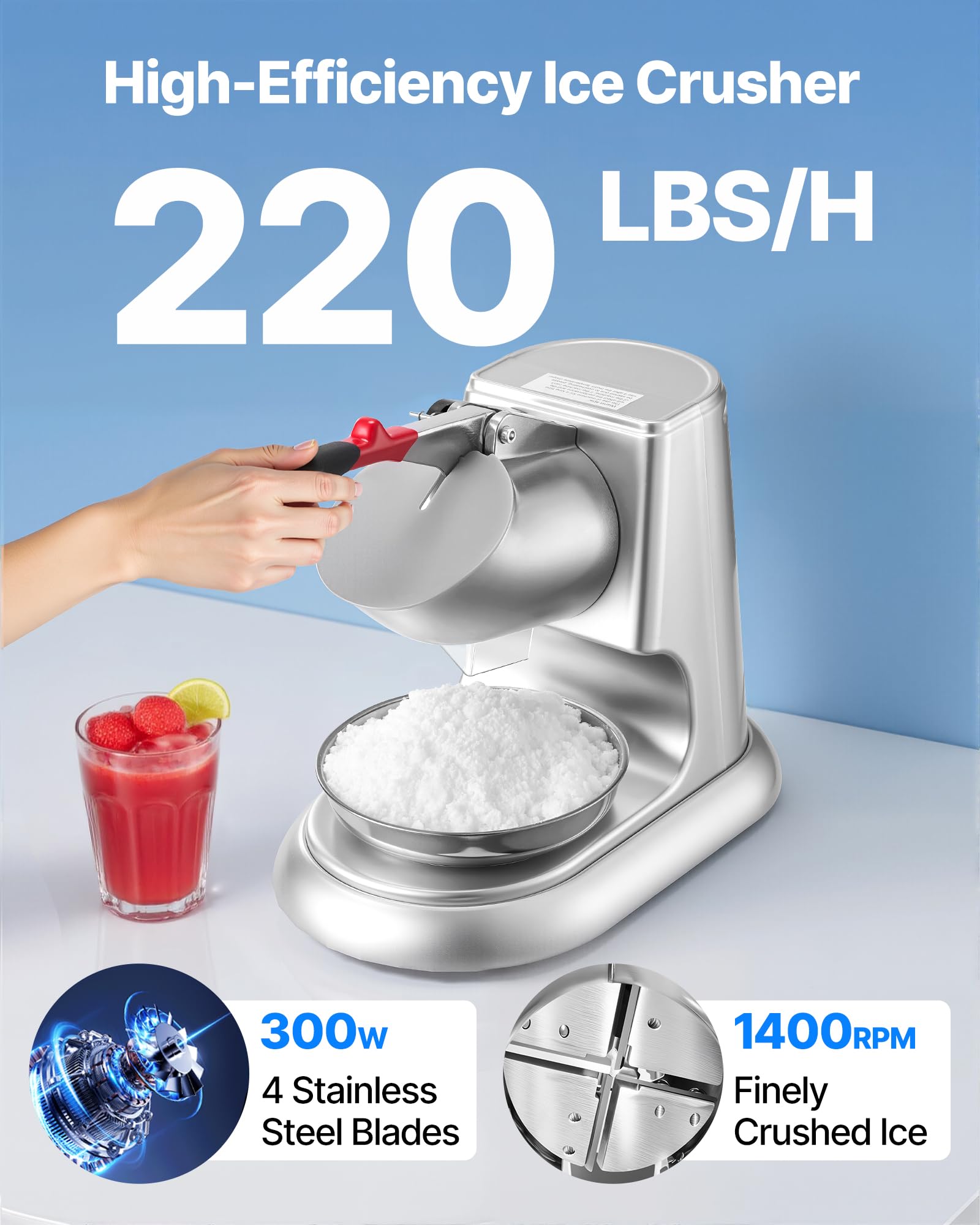 VEVOR Trituradora de Hielo Eléctrica 100 kg/h con 4 Cuchillas, para Granizados, de Acero Inoxidable, con Recipiente y Tapa, 2000 RPM, para Uso Doméstico y Comercial, Plata, 390 x 225 x 295 mm
