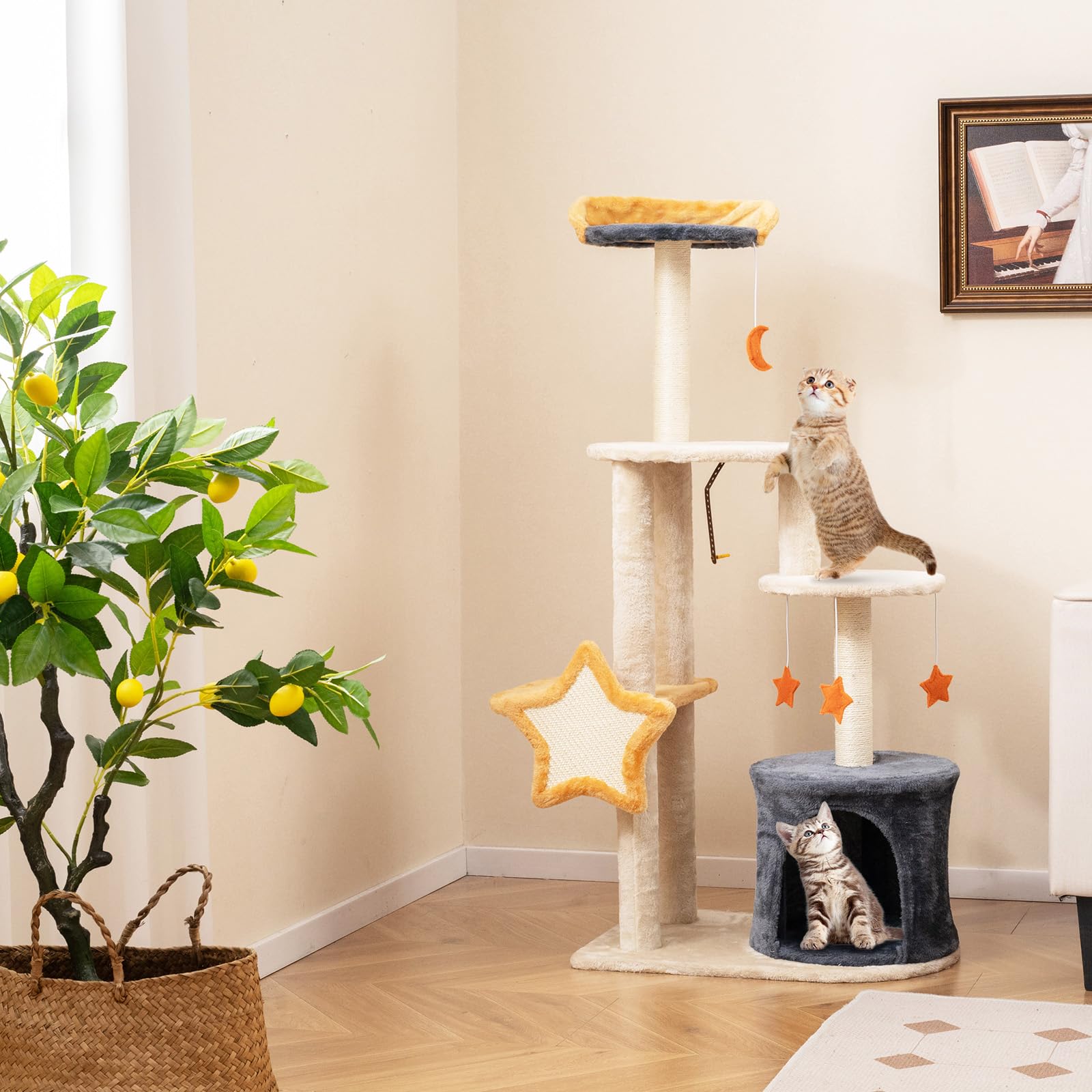 COSTWAY Tiragraffi per Gatti 128cm, Albero per Gatti da Interno, Torre Multi-Livello con Tiragraffi in Sisal, Gattiera, Piattaforma Superiore in Peluche e Giocattoli Appesi