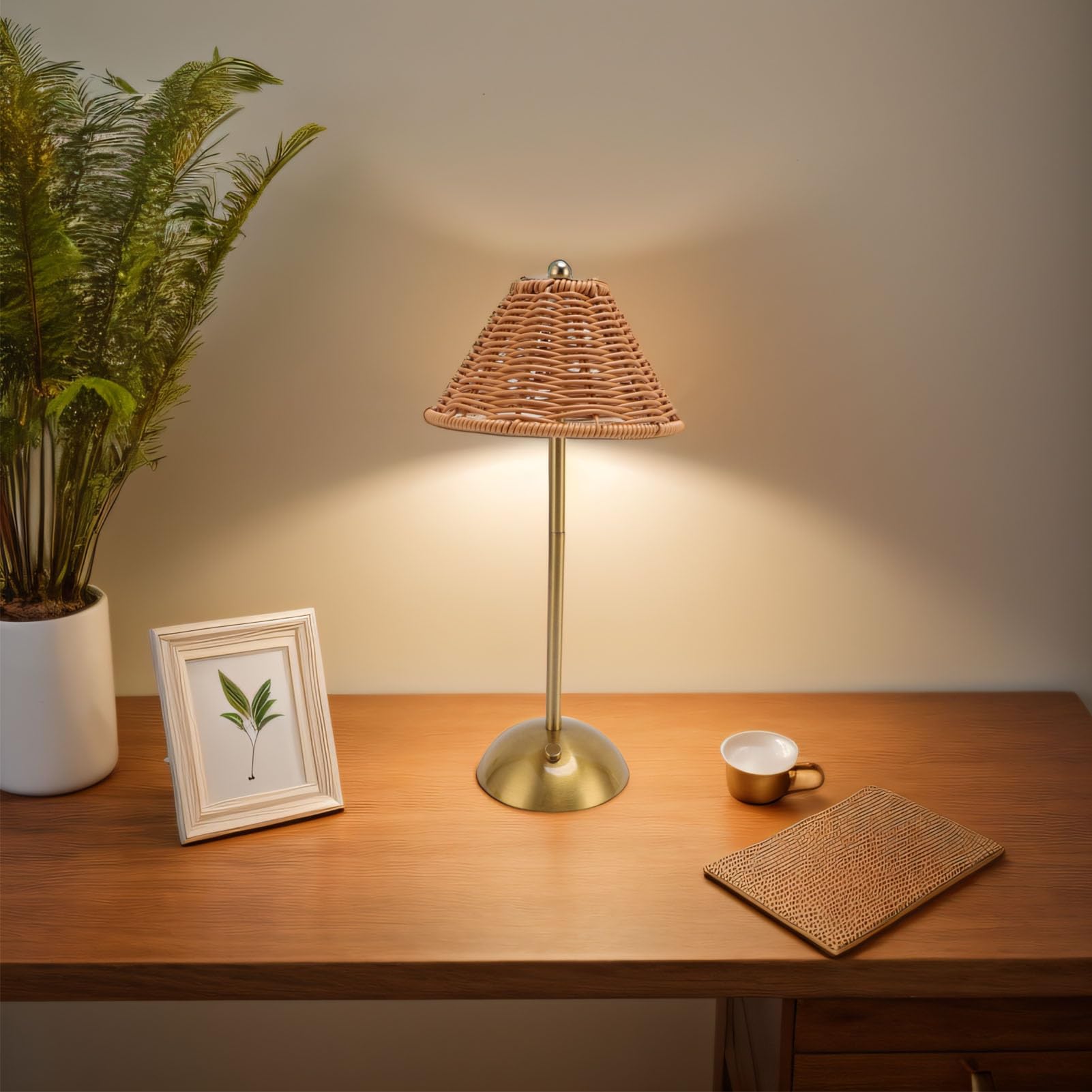 Lampada da Tavolo Rattan Boho Ricaricabile LED Dimmerabile 3 Temperature, Luce Notturna Portatile Cordless con Batteria 1800mAh, Illuminazione Decorativa per Camera da Letto Soggio