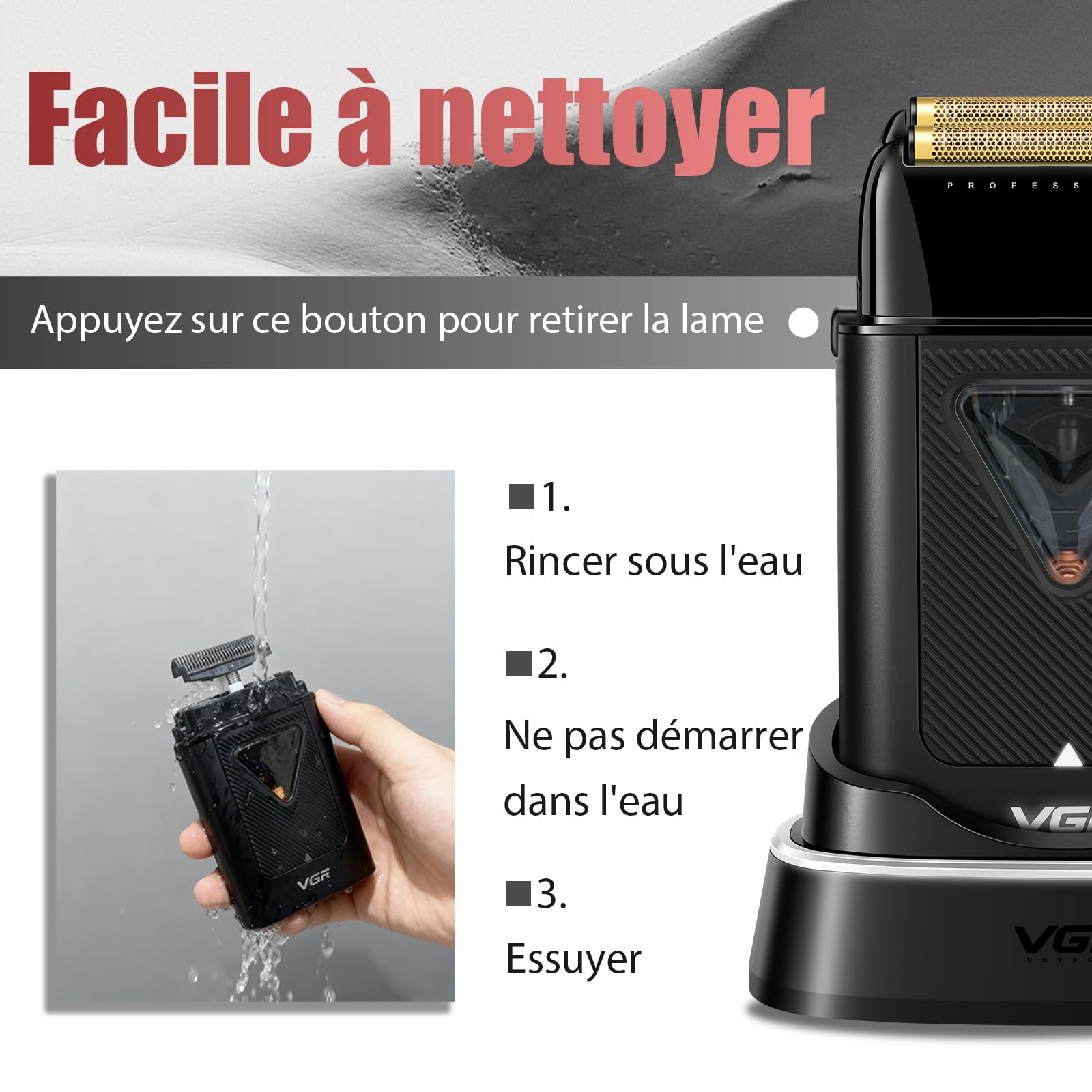 VGR 334 Rasoir Electriques Hommes Sans Fil Avec Moteur Vectoriel 8000 RPM