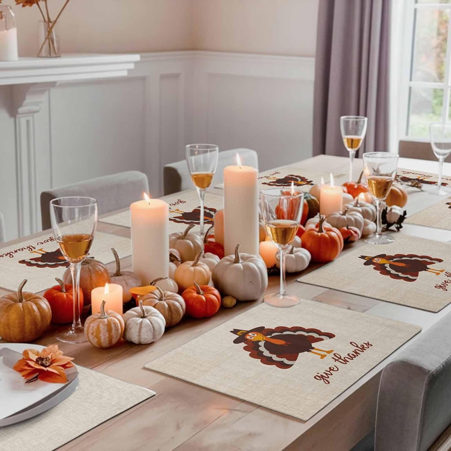 LooPoP Placemats Set of 4 Washable,Give Thanks Placemat for Dining Table Decorations, Heat-Proof Table Mats for Kitchen Dinner Banquet Thanksgiving Turkey