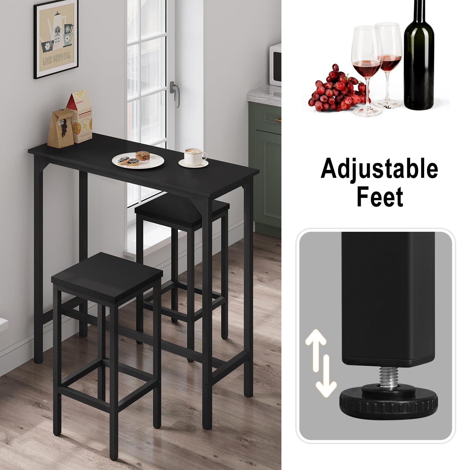 EUGAD Mesa Alta Cocina, Mesa de Bar Estrecha, para Isla de Cocina, Comedor, Barra Bar y Cafeteria, Marco Metalico, Encimera Madera, Pies Ajustable, Estilo Industrial, Negro, 100x40x100 cm