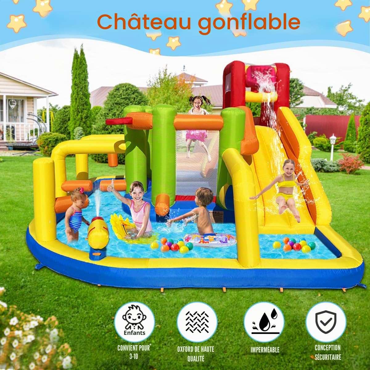 Baralir Château Gonflable XXL avec Toboggan d'eau et Ventilateur – Idéal pour Le Jardin, Maison de Jeu Parfaite pour Les Enfants en Plein air, expérience d'aire de Jeu sûre