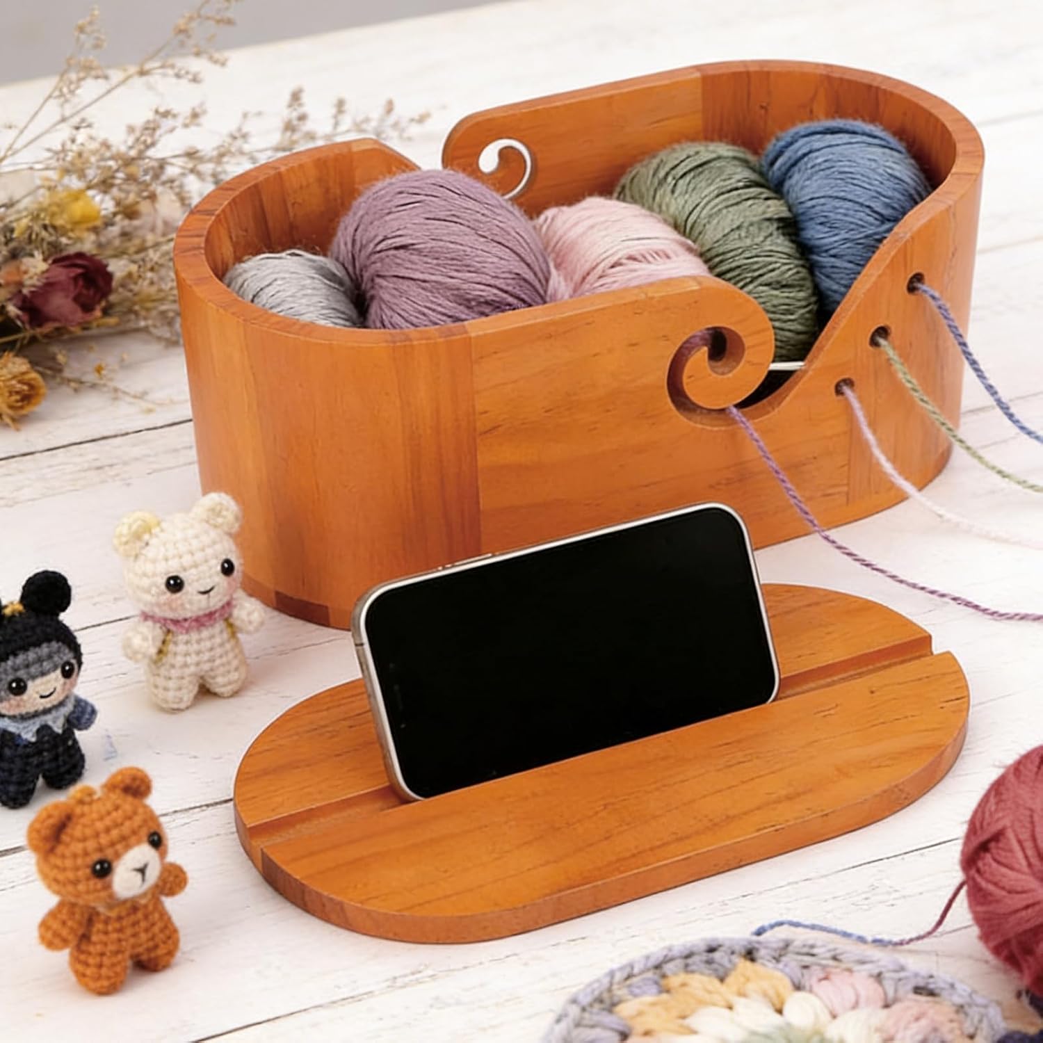 Oval Yarn Bowl Crochet Set with Lid, Large Wooden Yarn Storage with 9pcs Knitting Hooks, 11.3x6.1x5.2 inch Double Crochet Curling Slot Acacia Yarn Bowls, Preventing tangles