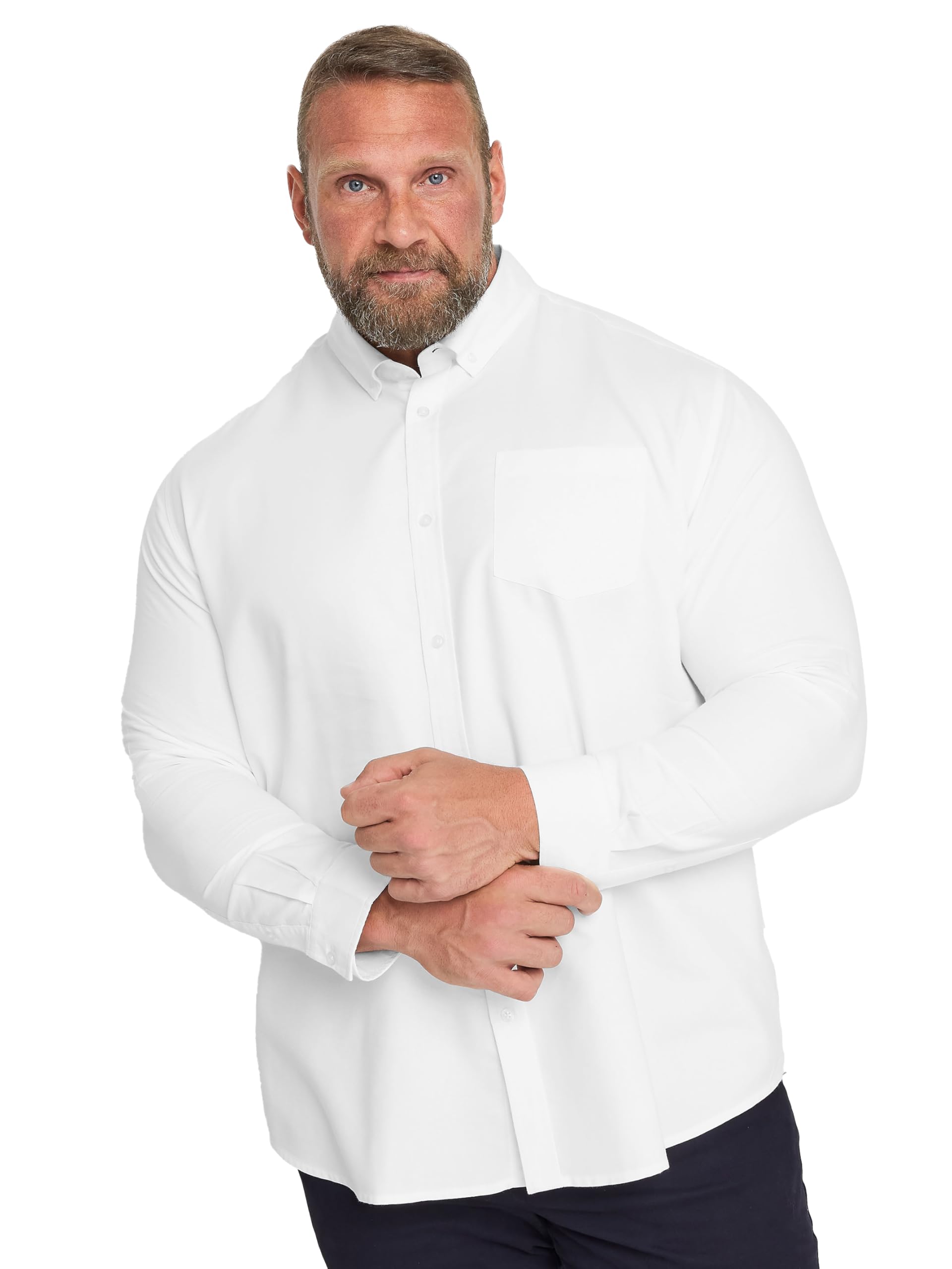 Badrhino Men's White Big & Tall Premium Long Sleeve Oxford Cotton Shirt - Plus Curve 7XL-8Xl Plus