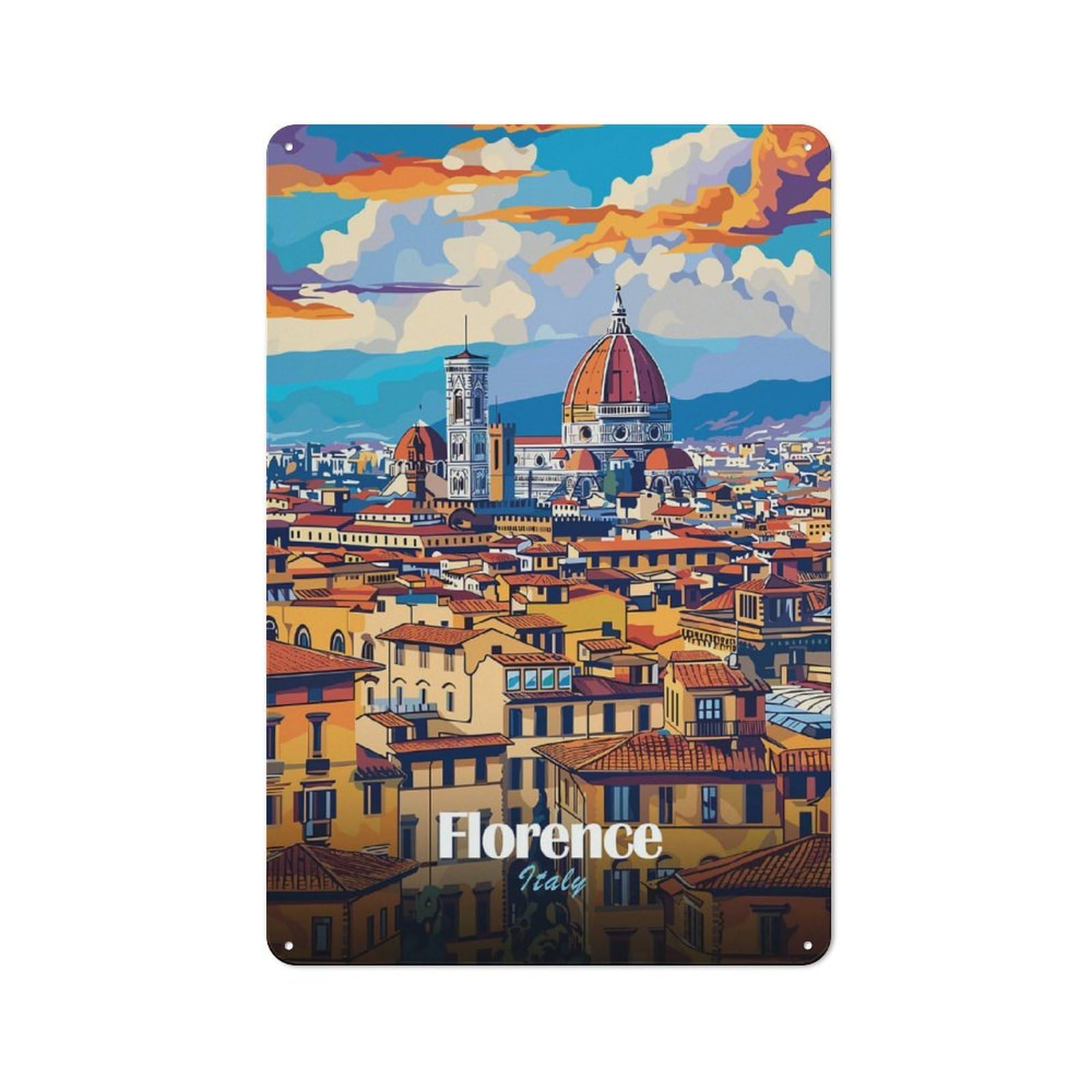 Florence Cityscape Country Metal Wall Decor 30x20cm, Decorative Tin Sign for Farmhouse Kitchen, Pantry Or Dining Area