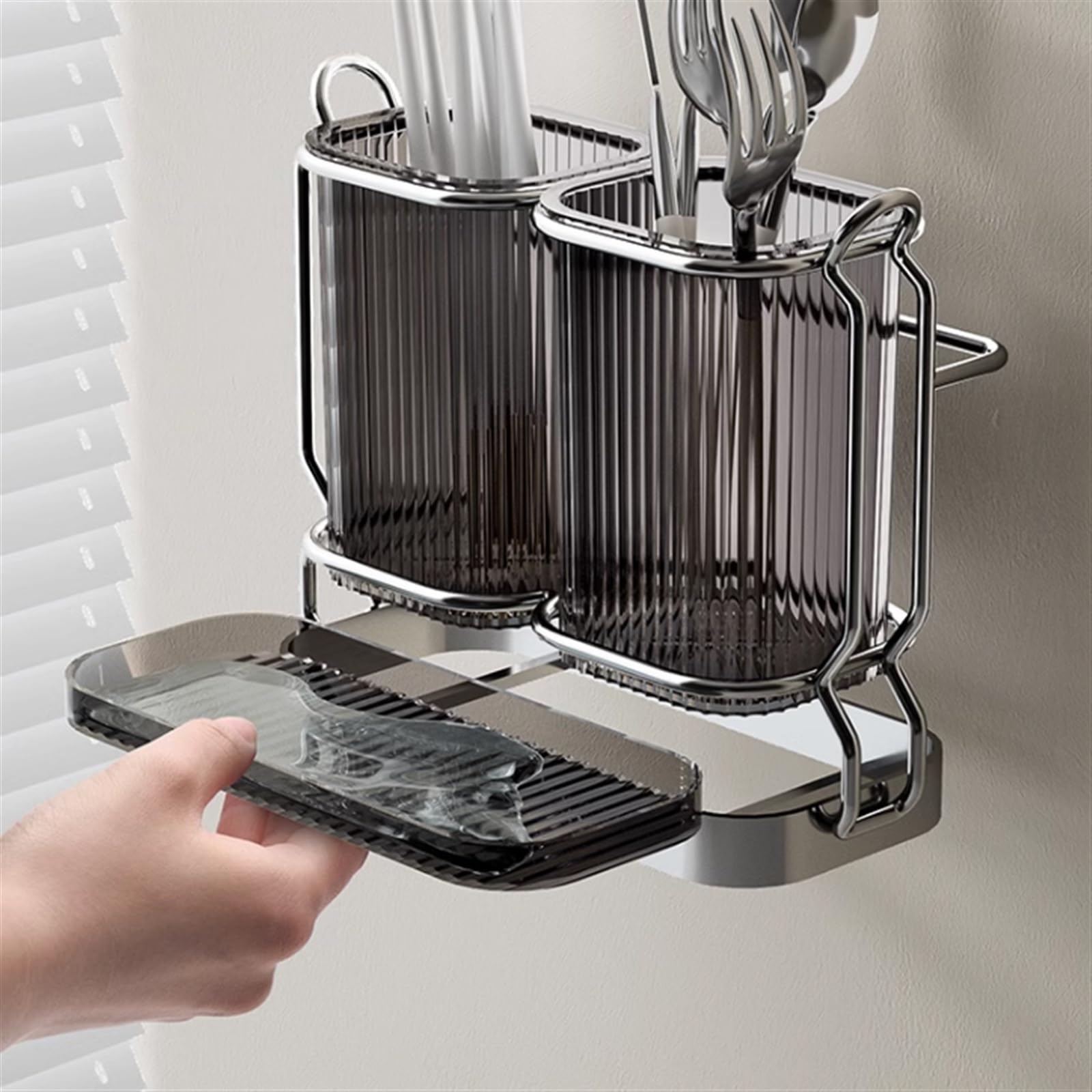 Utensilienhalter Caddy, Utensilien-Caddy-Organizer zur Wandmontage/auf der Arbeitsplatte mit Abnehmbarer Abtropfschale, Grauer Kochutensilienhalter