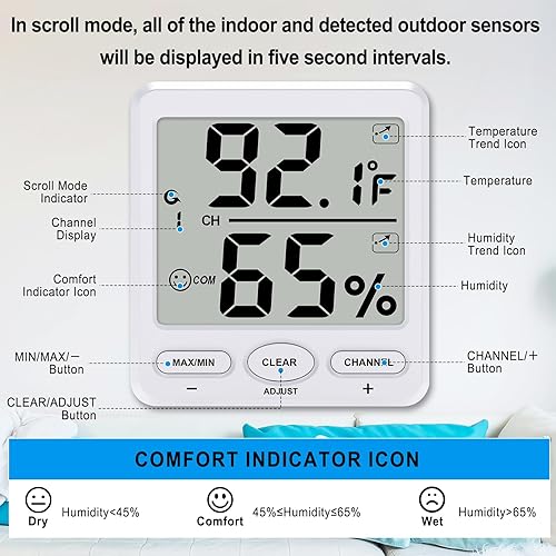 Miniatura 5 de Urageuxy Termómetro para interiores y exteriores, higrómetro digital inalámbrico, medidor de temperatura y humedad, con sensor remoto, pantalla