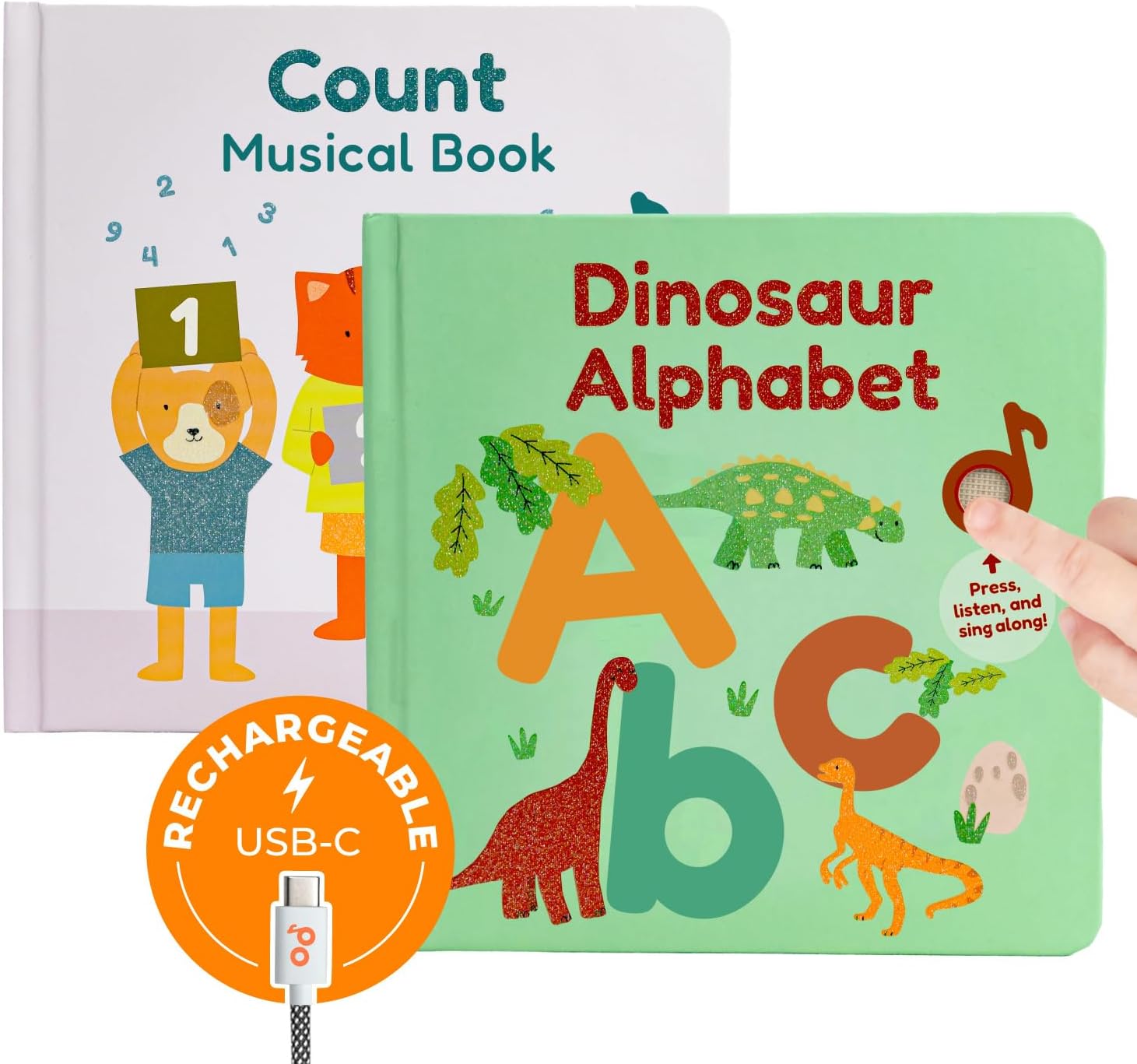 Cali's Books Count & Dinosaur Alphabet Bundle - Educational Learning Toys for Toddlers, Number, Alphabet, Music Book for 1 Year Old Toddler