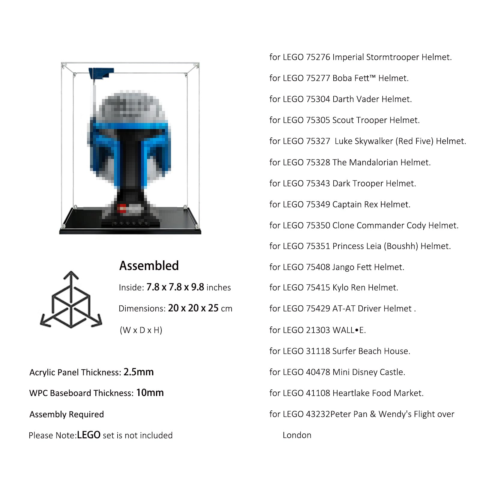 1 pezzo 20x20x25cm Vetrina Acrilica Trasparente Antipolvere 3mm, Una Grande Display Box Per Lego 75304 75328 75349 76285 21303 40478 40648 Modello