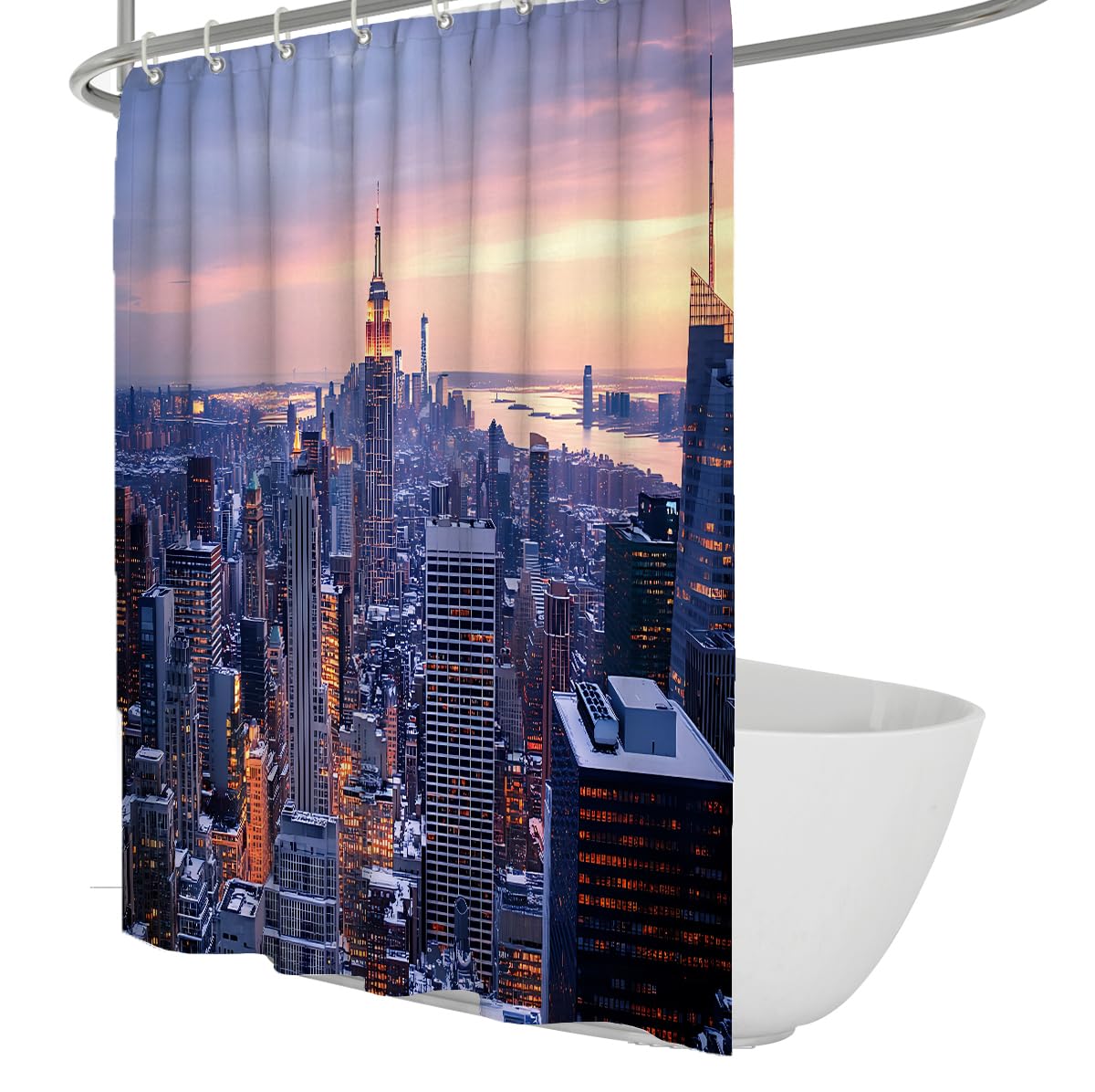 OLLIAR Home Sunset Cityscape Shower Curtain Skyscraper Skyline Famous Building Modern Bathroom Decor Waterproof Fabric Shower Curtain Set with Hooks 180x200