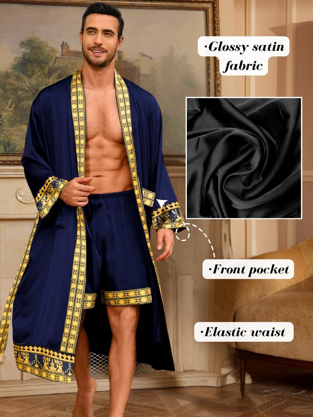 Men's Luxury Silky Robe & Shorts Set, 2PC Lightweight Satin Pajamas with Pockets, Opulent Baroque Kimono Gifts - Image 5