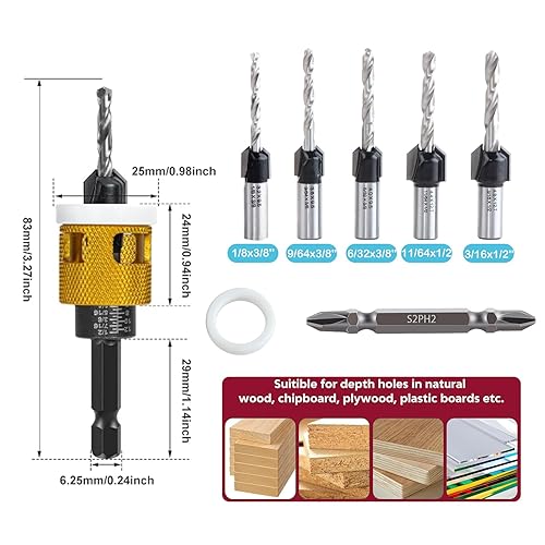 Miniatura 4 de YUENTOEN Juego de 6 brocas avellanadoras para carpintería, puntas HSS M2, cabeza cónica con tope de profundidad ajustable y llave en forma de L,