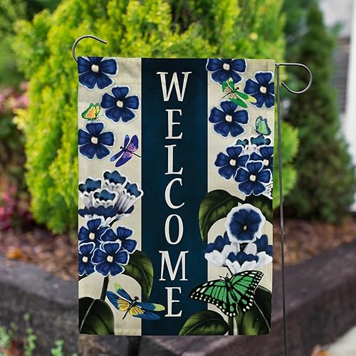 Miniatura 3 de Bandera de jardín de América para siempre, flores de bienvenida azules, 12.5 x 18 pulgadas, flores azules, mariposas, libélulas, decoración de