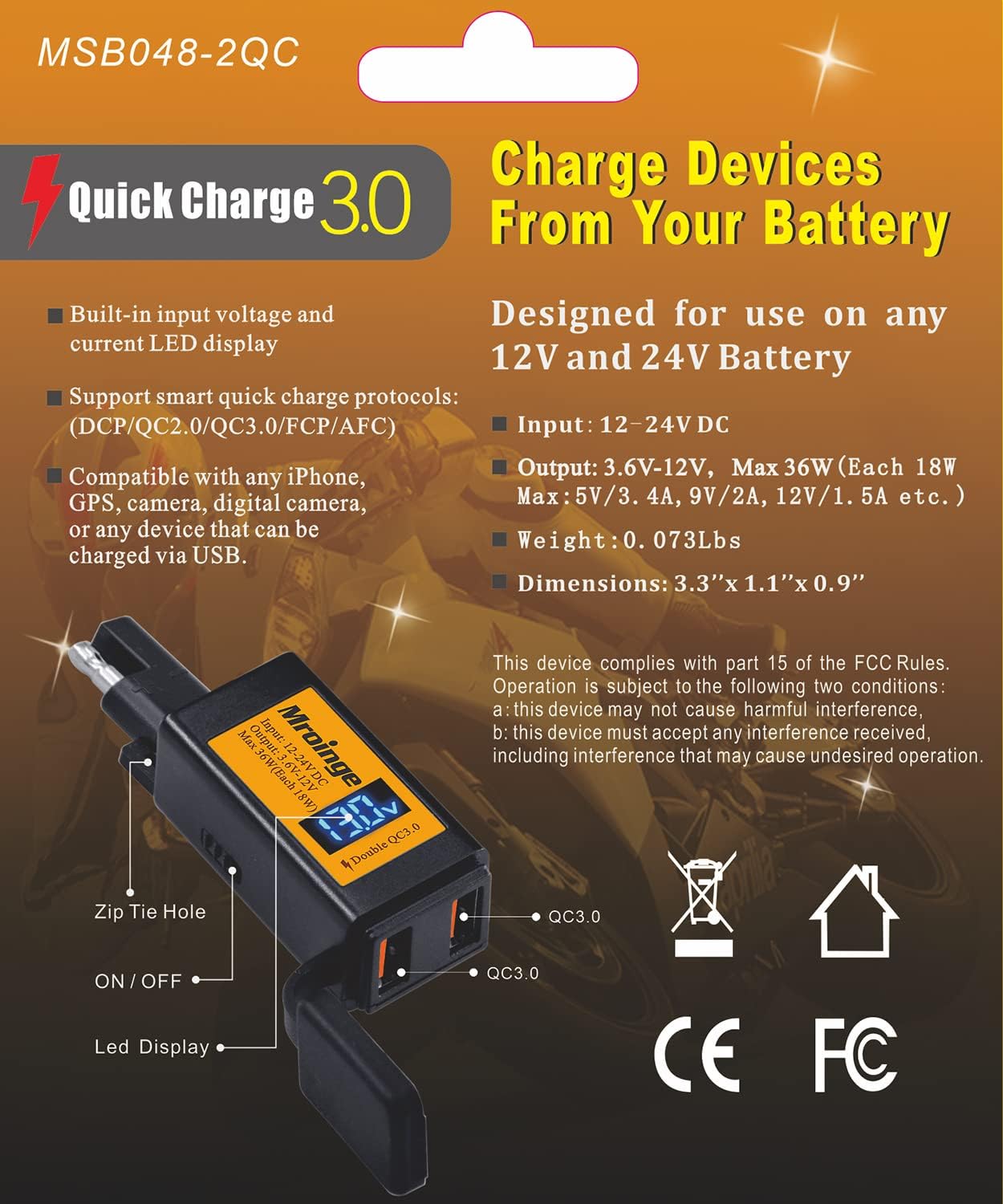 Motorcycle USB Charger, Mroinge 6.8A SAE to USB Adapter Dual Port QC3.0/2.0 Fast Charge, with Voltmeter/Ammeter & ON/Off Switch & 10A Fuse, Perfect for Your Phone or Smart Device Charging - Image 7