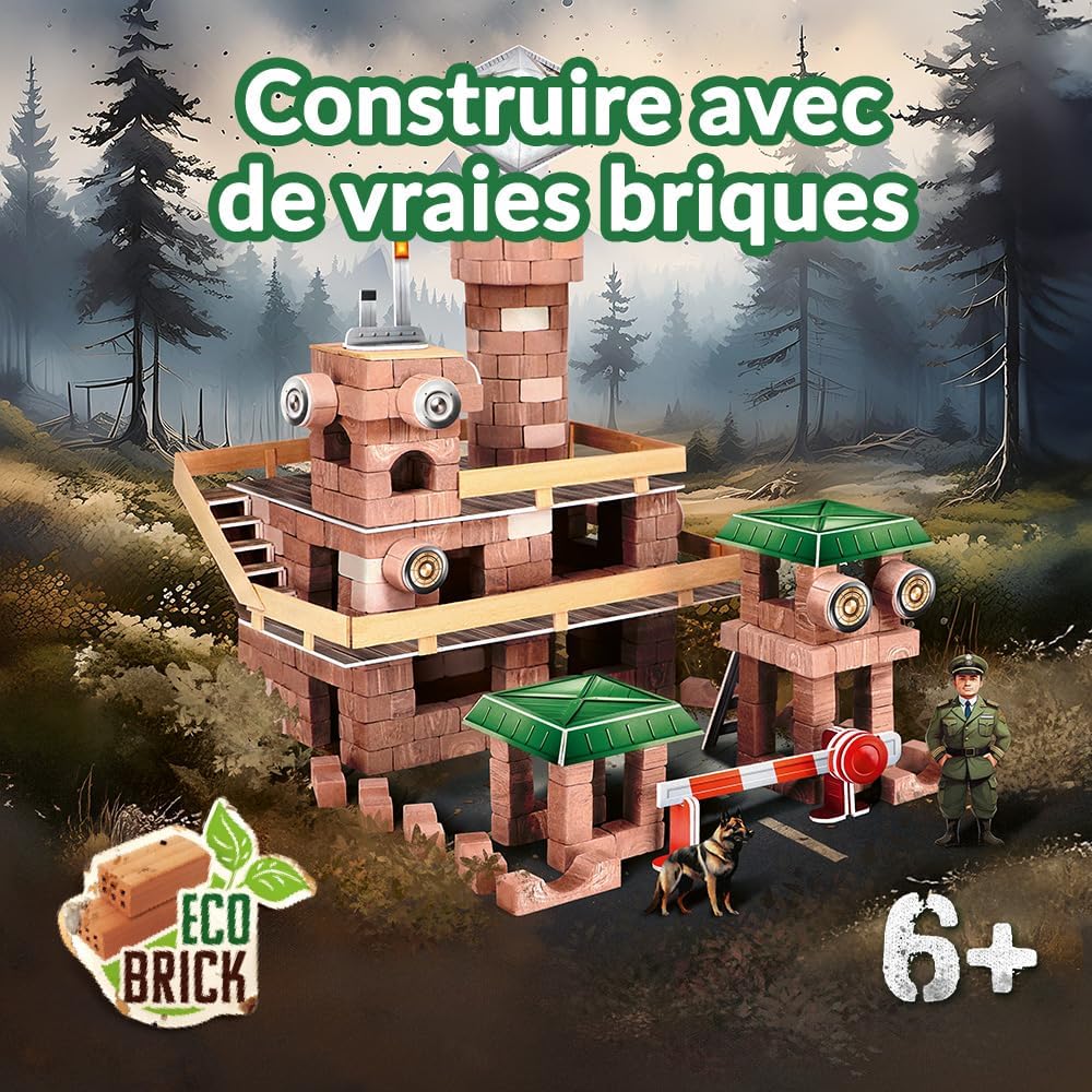 Image showing a completed Trefl Brick Trick Moro Military Base model with eco bricks and a soldier figure.