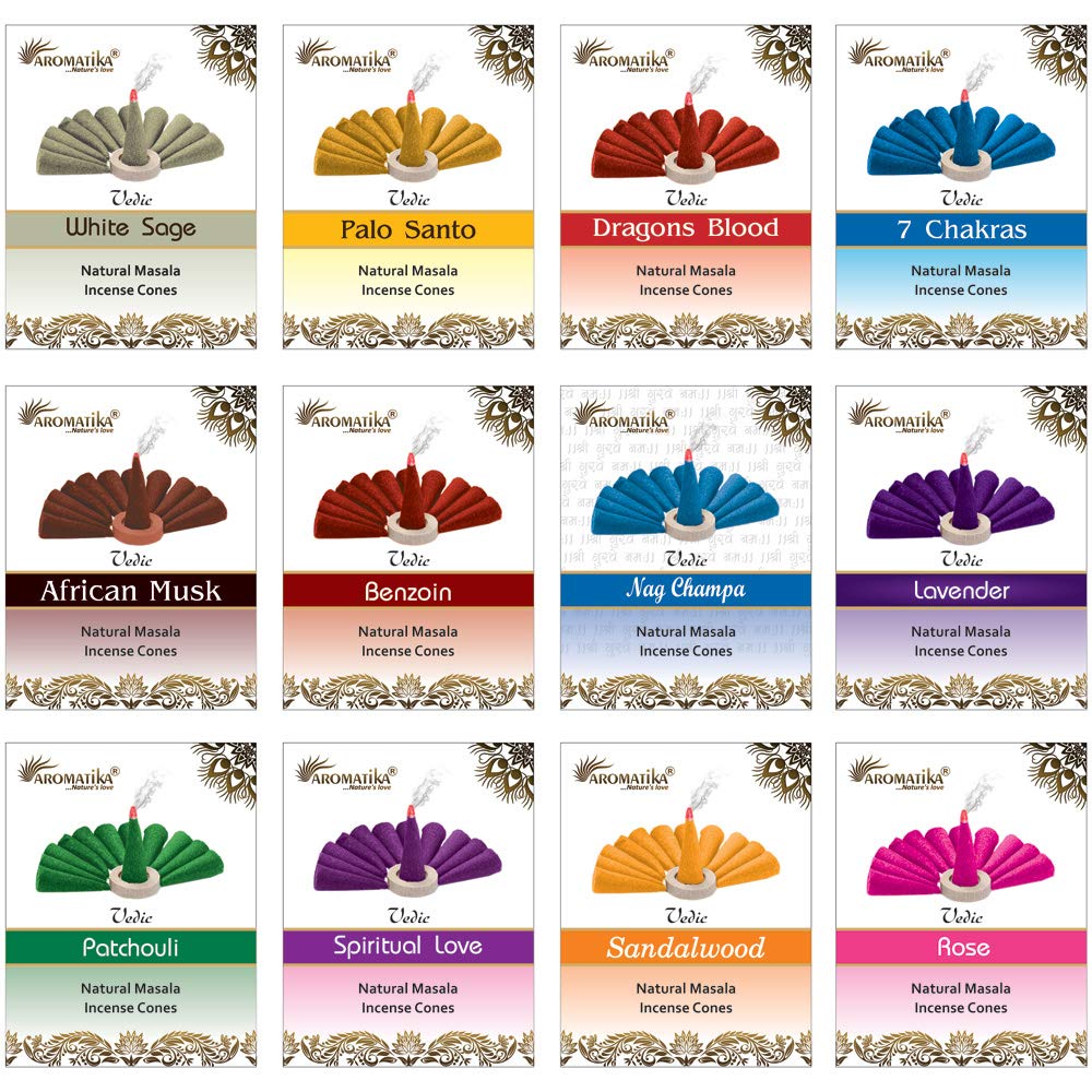 AROMATIKAVedic Assorted Natural Masala 120 Incense Cones in Pack of 12 Boxes | 12 Different Fragrances | Best for Prayer, Reiki, Meditation and Relaxation | 35 mm Long | Burn time- Approx 25 Mins
