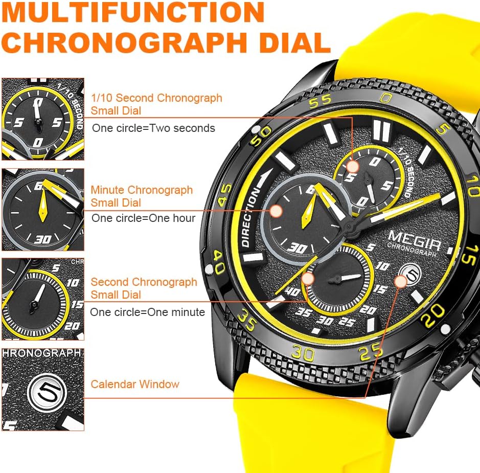 MEGIR Men's Sports Analogue Chronograph Luminous Quartz Watches with Stylish Yellow Silicone Strap for Gifts (2211 Yellow) - Image 5