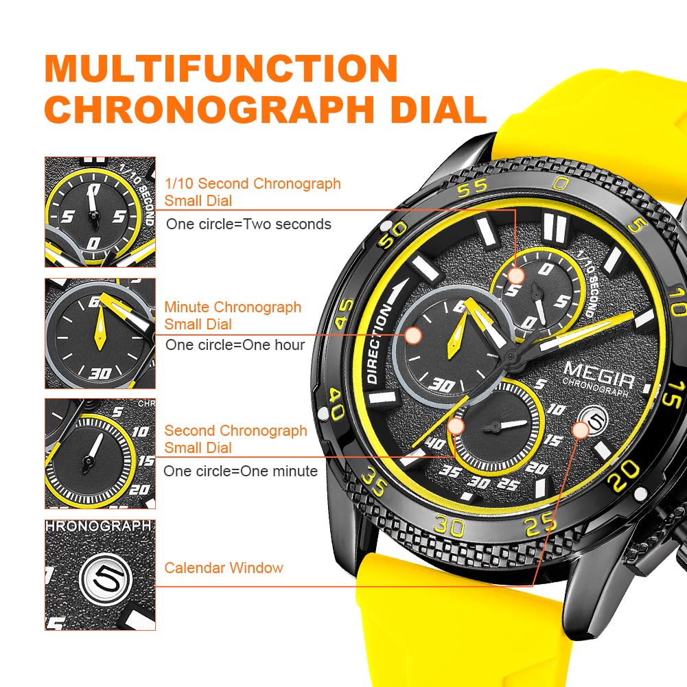 MEGIR Orologio sportivo da uomo, analogico, al quarzo, luminoso, con elegante cinturino in silicone, idea regalo, Giallo, Design elegante